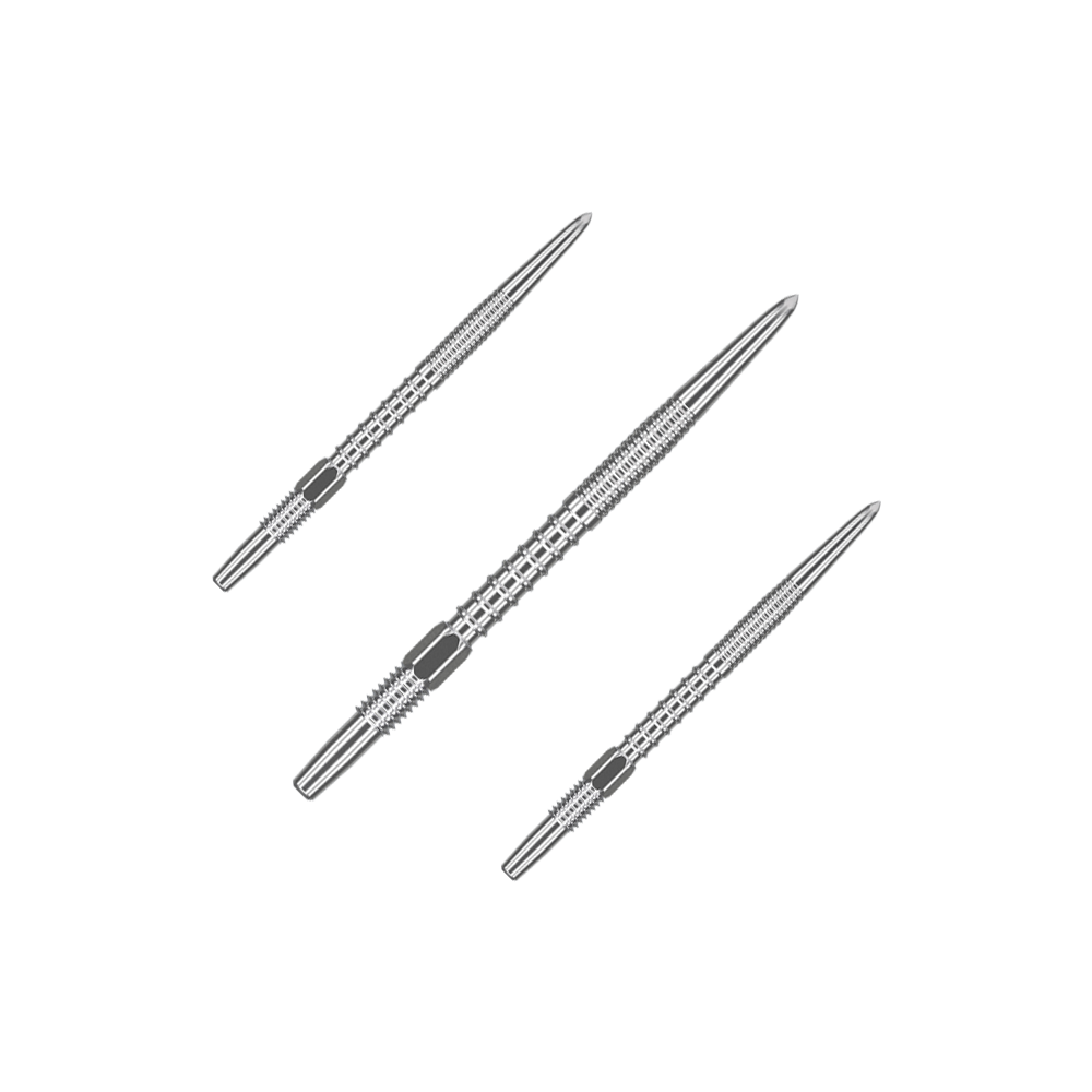 Target Swiss Firepoint Silver dart tips Das Bild zeigt drei silberne Dartspitzen, die nebeneinander angeordnet sind. Sie sind länglich und haben eine feine Riffelung für besseren Halt.