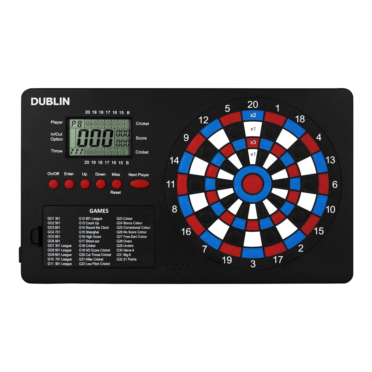 XQMax Dublin Dart Counter Das Bild zeigt den "XQMax Dublin Dart Counter", ein elektronisches Dartspiel mit eingebautem Punktezähler. Links befindet sich ein digitales Display und Tasten zur Spielsteuerung, rechts das bunte Dartboard mit verschiedenen Zahlenfeldern.