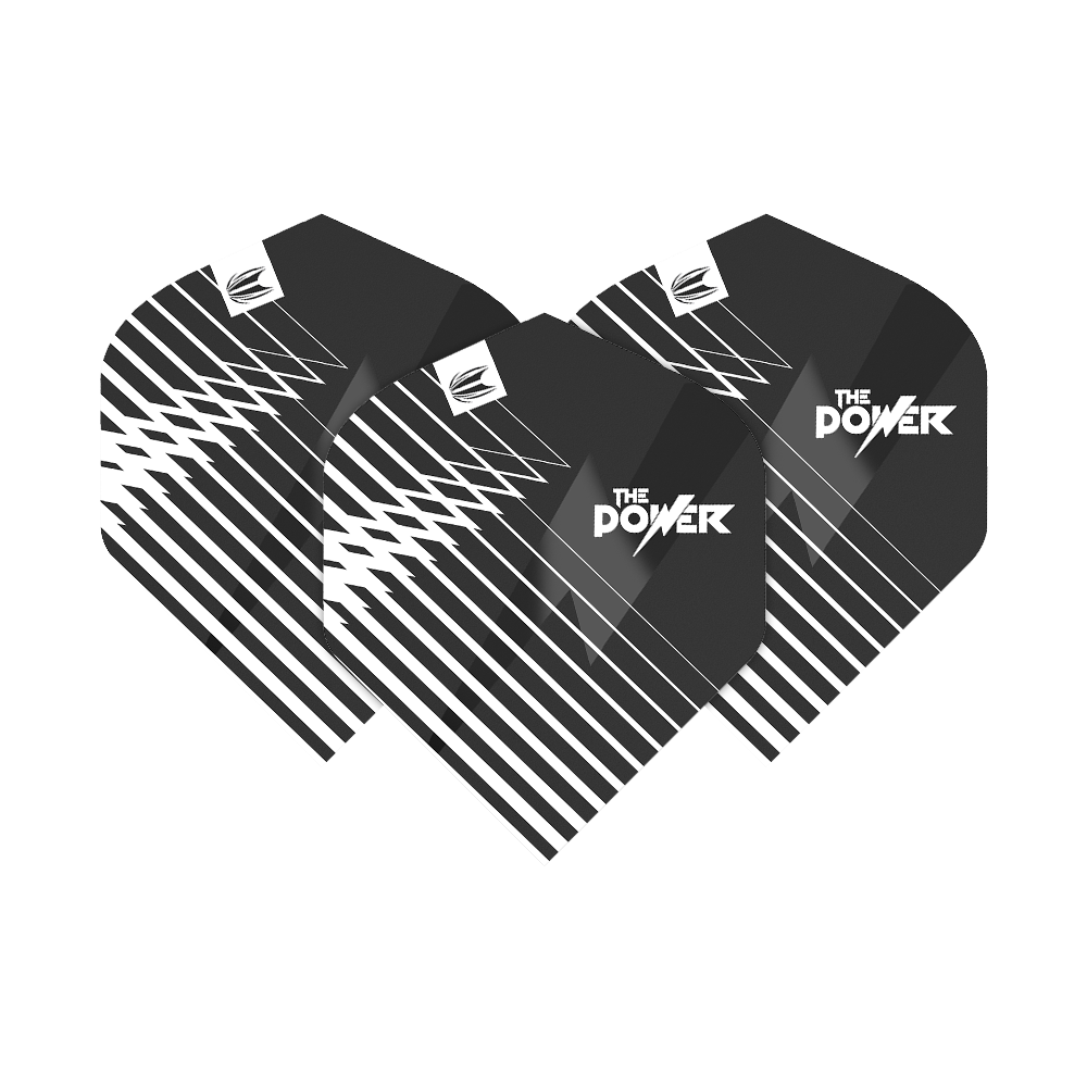 Das Bild zeigt drei schwarze Dartflights mit weißen, diagonalen Linien. Auf den Flights steht "The Power" in weißer Schrift.