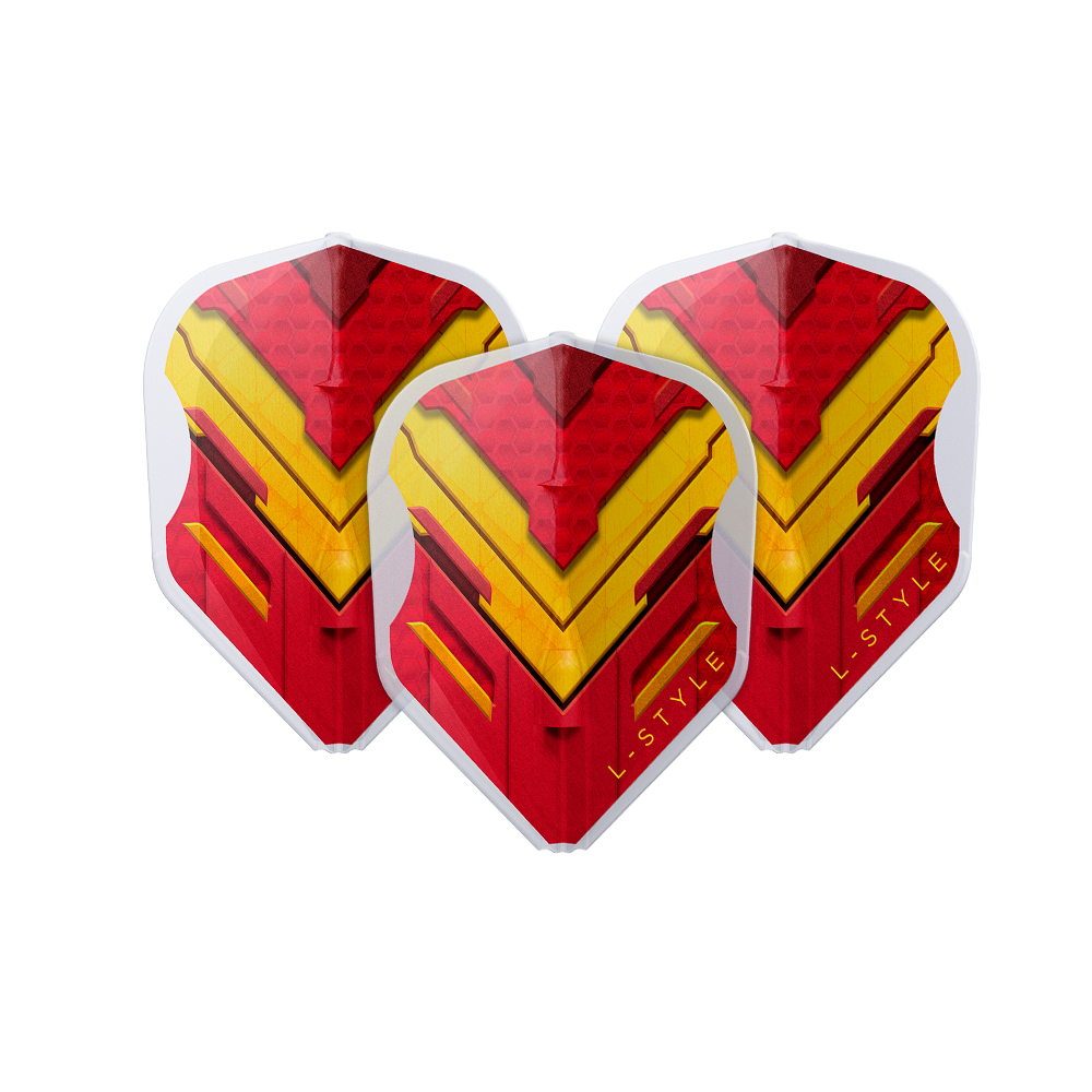 Das Bild zeigt drei Dart-Flights mit einem auffälligen roten und gelben Muster. Auf den Flights steht in gelber Schrift "L-STYLE".