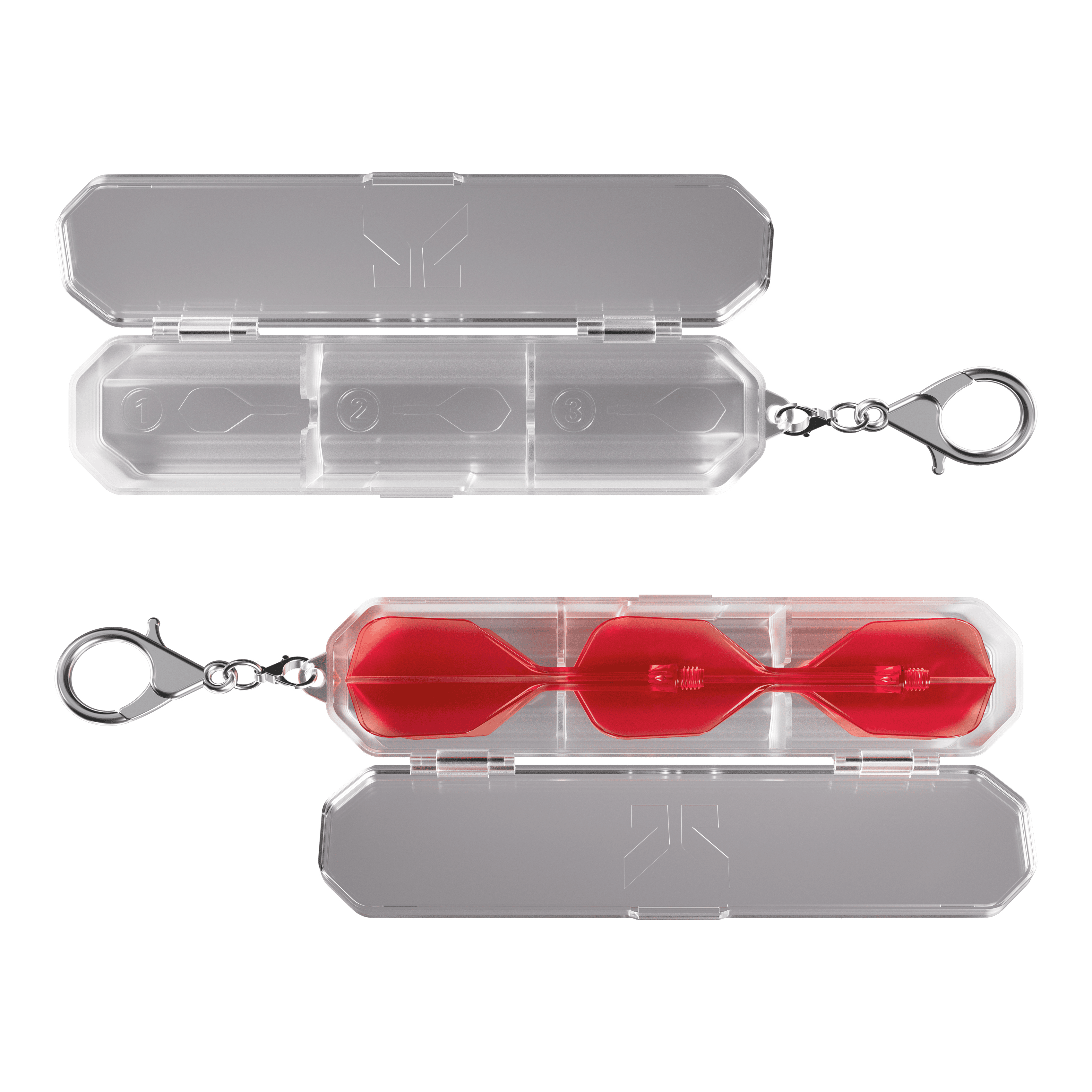 Target K-Flex K-Case Flight Box Das Bild zeigt das Produkt "Target K-Flex K-Case Flightbox", eine transparente Box mit Deckel und Karabinerhaken. In der unteren Box sind rote Dartflights sicher aufbewahrt.