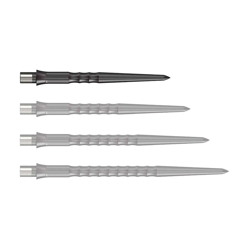 Abgebildet ist eine schwarze Steeldartspitze mit Ripple NoLip Design, 28 mm lang. Das Produkt gehört zum Caliburn Evo System.