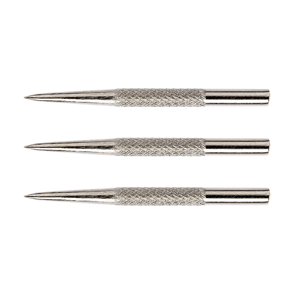 8366Silver_Winmau_Knurled_Silver_Effect_Steeldart_Spitzen_32mm_1 Das Bild zeigt drei silberfarbene, gerändelte Stahlspitzen für Darts. Es handelt sich um das Produkt "Winmau Knurled Silver Effect Steeldart Spitzen - 32mm".