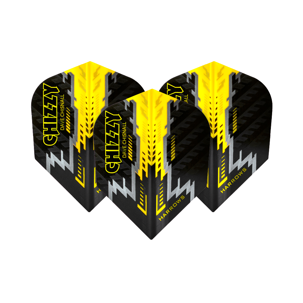 HR7532_Harrows_Dave_Chisnall_Prime_Schwarz_Gelb_No6_Flights_1HrRmepbAnPN9G Das Bild zeigt vier Dartflights des Modells „Harrows Dave Chisnall Prime Schwarz Gelb No6“. Die Flights sind in Schwarz, Gelb und Silber gestaltet und tragen den Schriftzug „CHIZZY“.