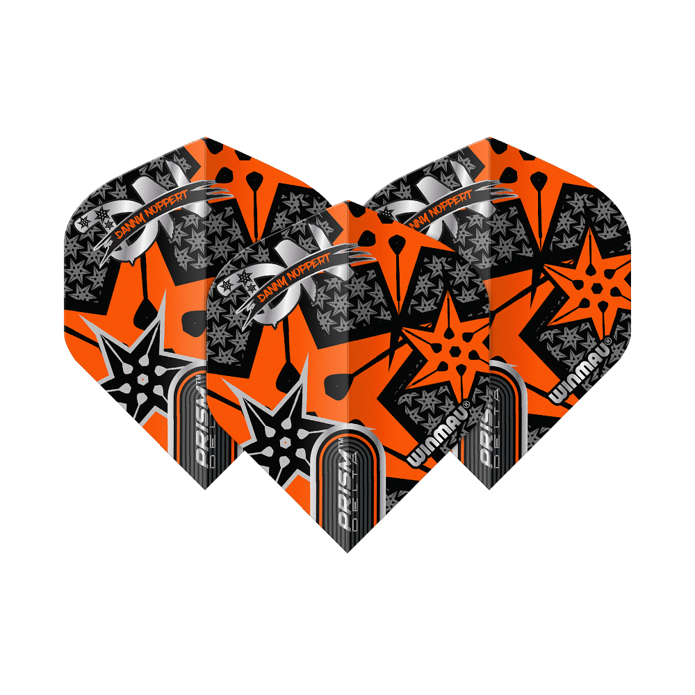 Winmau Prism Delta Danny Noppert Orange Signature No2 Standard Flights Das Bild zeigt drei Dart-Flights mit auffälligem orange-schwarzem Design. Auf den Flights steht "Danny Noppert" und "Winmau Prism Delta".