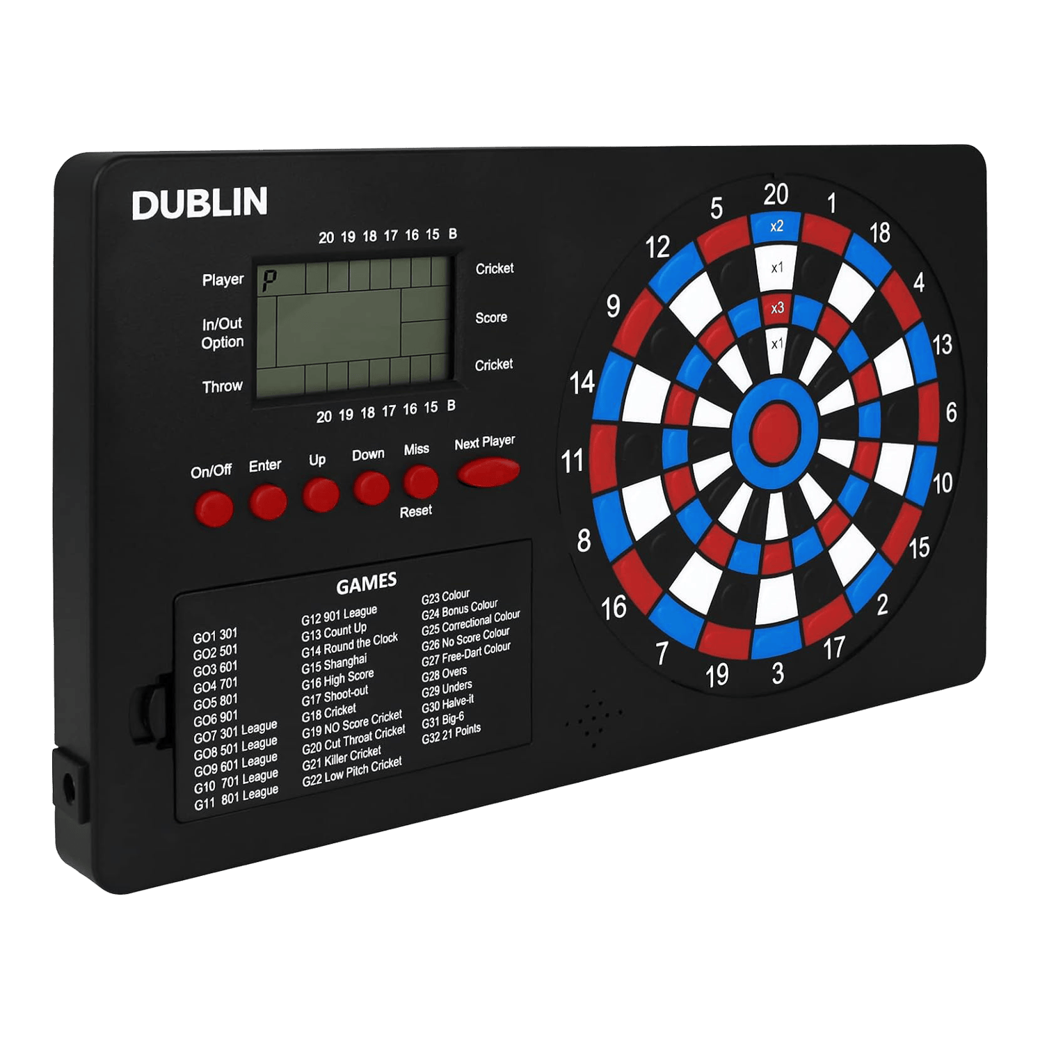 XQMax Dublin Dart Counter Das Bild zeigt den "XQMax Dublin Dart Counter", ein elektronisches Dartboard mit digitalem Display. Auf dem Gerät befinden sich zahlreiche Tasten zur Bedienung und eine Übersicht verschiedener Dartspiele.
