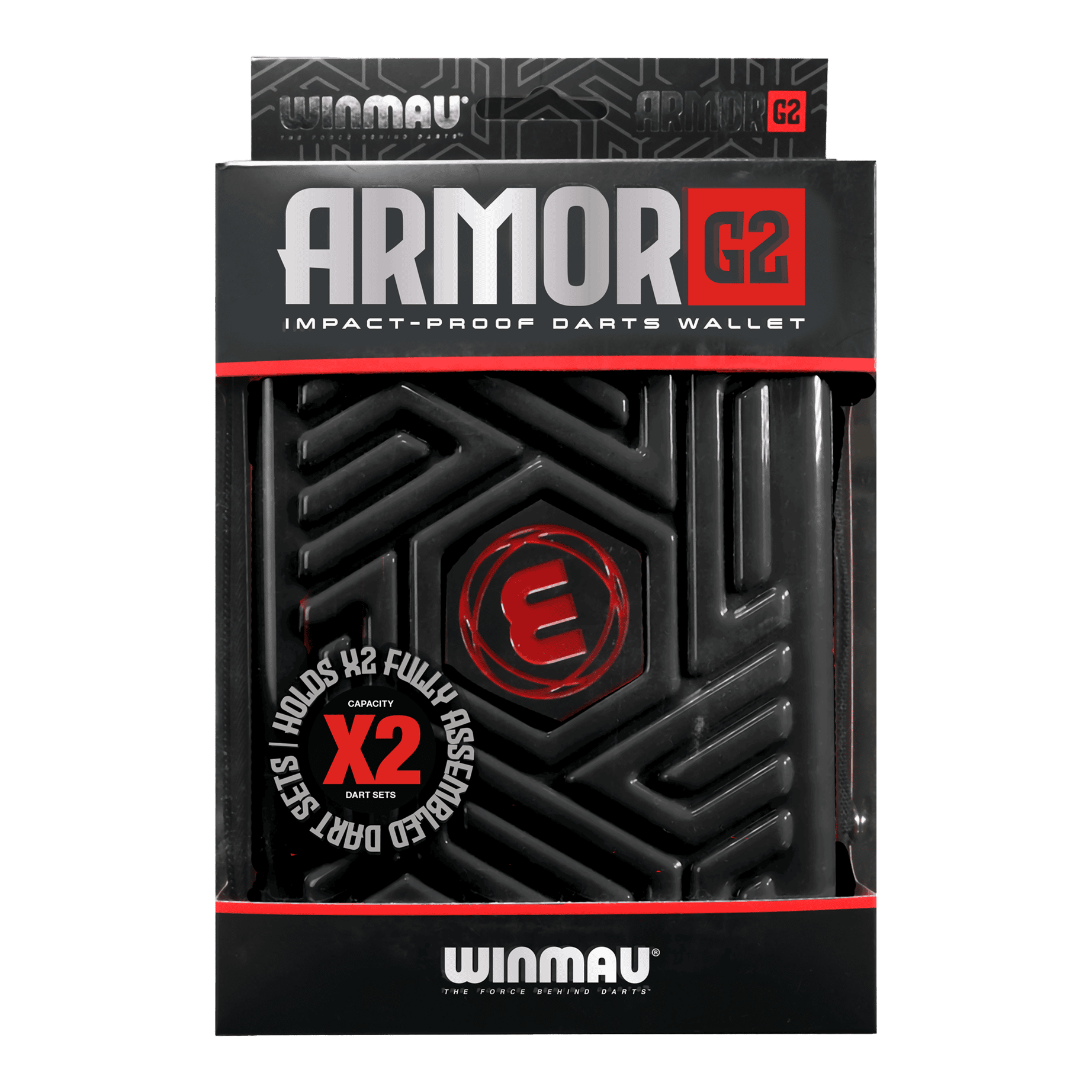 Winmau Armor G2 Dart Wallet Dies ist eine schwarze, stoßfeste Darttasche der Marke Winmau namens "Armor G2". Sie bietet Platz für zwei komplett montierte Dart-Sets.