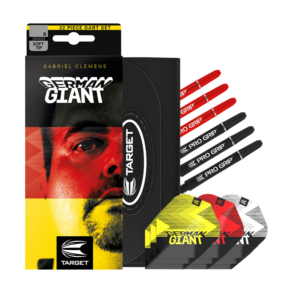 170006_Target_Gabriel_Clemens_Brass_Softdarts_3mAXOmv5yncQum Das Bild zeigt das Produkt "Target Gabriel Clemens Brass Softdarts - 18g" in seiner Verpackung. Es sind mehrere Dart-Schäfte und Flights in verschiedenen Farben neben der Verpackung zu sehen.