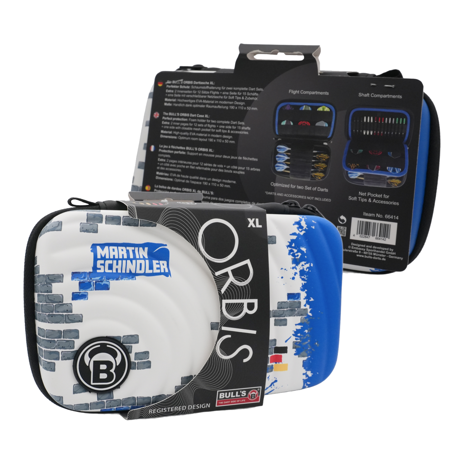 Bulls Orbis XL Martin Schindler dart case Das Bild zeigt das Produkt "Bulls Orbis XL Martin Schindler Dartcase". Das Dartcase ist weiß mit blauen und grauen Designelementen und bietet Platz für zwei Dart-Sets.