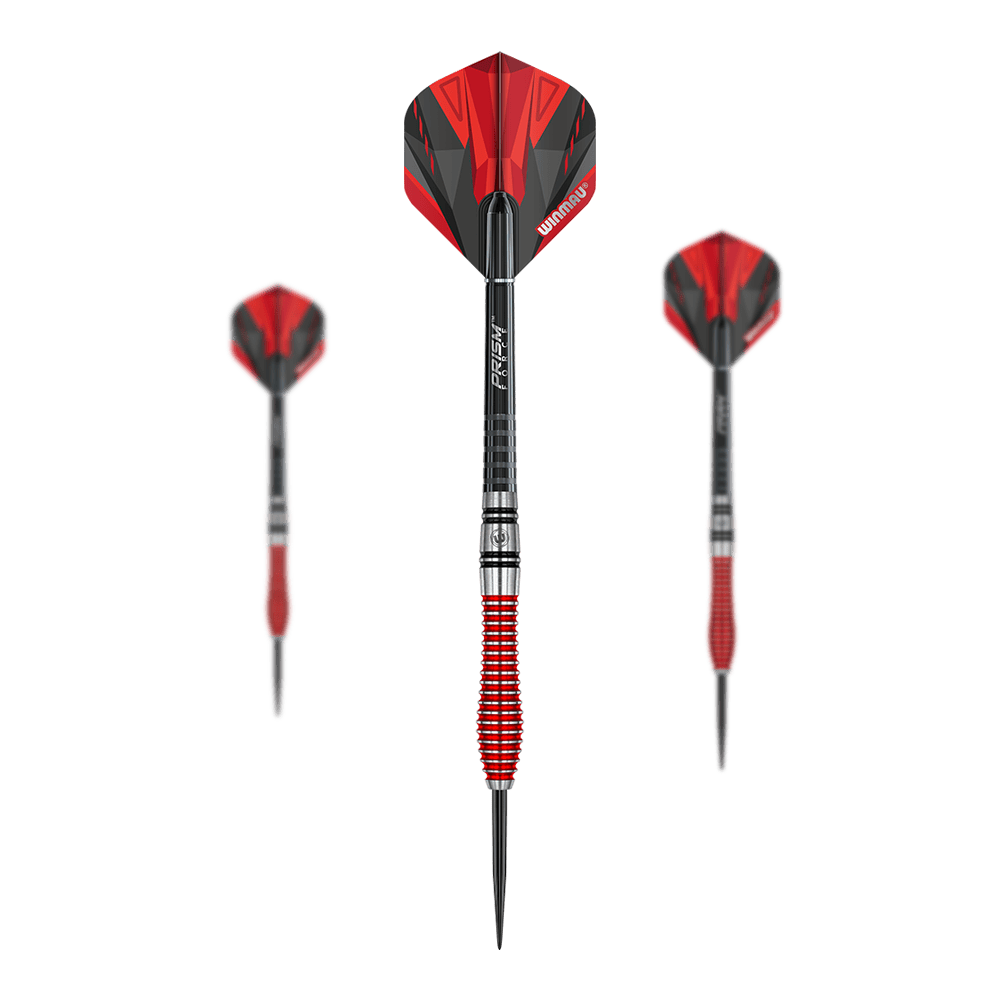 Winmau Dennis Priestley Special Edition Steeldarts Das Bild zeigt drei Winmau Dennis Priestley Special Edition Steeldarts. Die Darts haben ein auffälliges rot-schwarzes Design und besitzen eine griffige, rot-silberne Barrel.