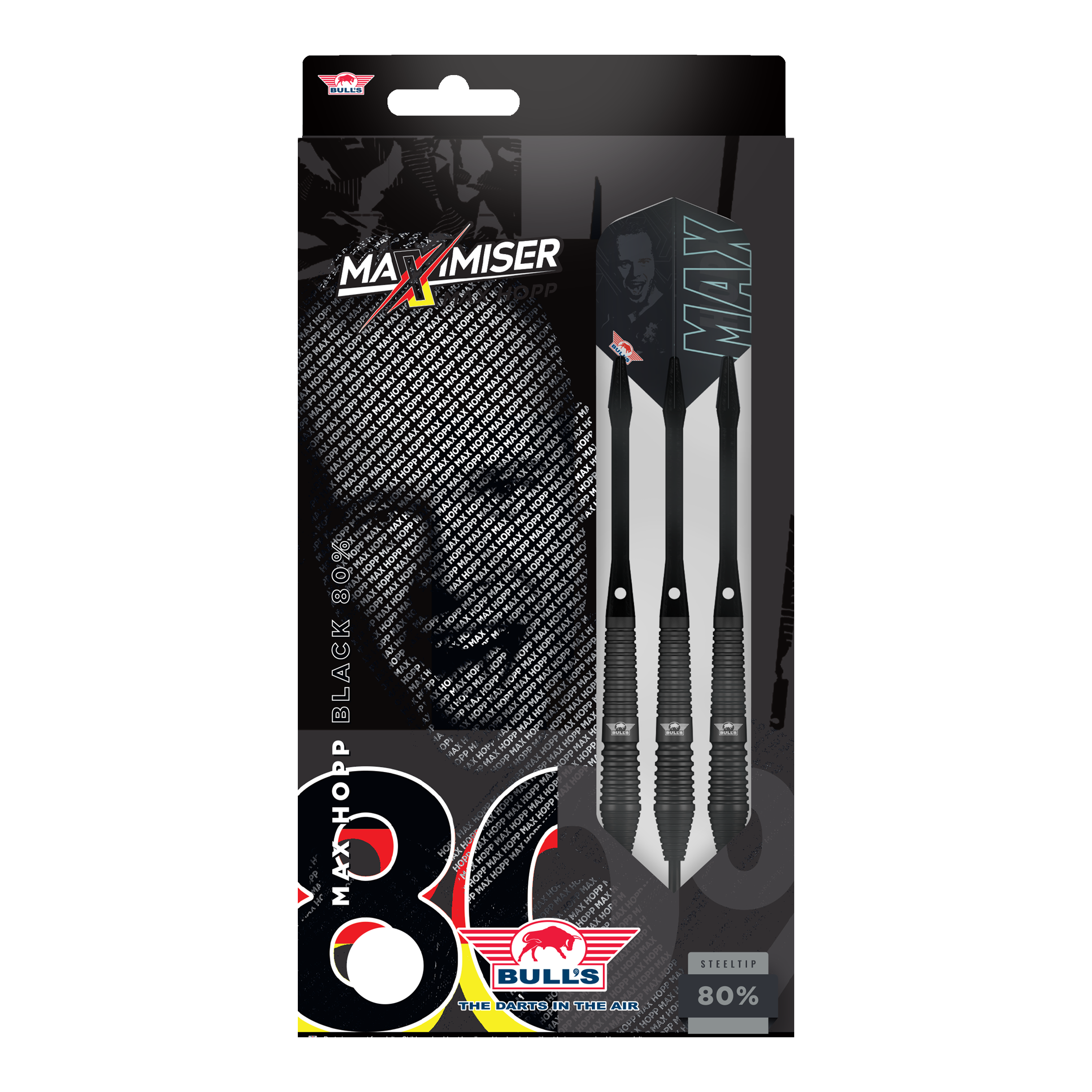 Bulls NL Max Hopp Black Steel Darts Auf dem Bild sind Bulls NL Max Hopp Black Steeldarts zu erkennen. Die Darts werden einzeln und detailliert gezeigt.