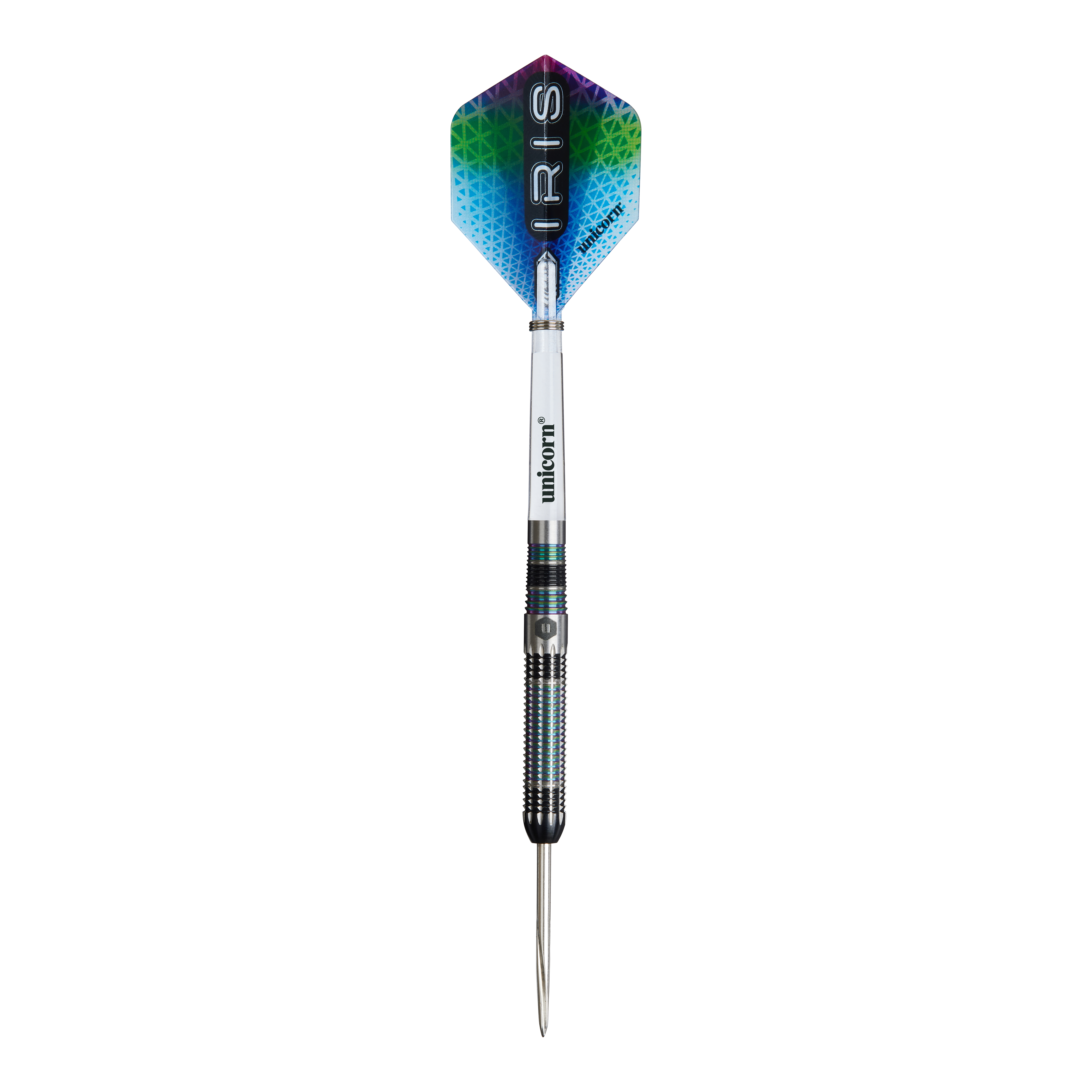 Unicorn Iris Steeldarts Das Bild zeigt einen Steeldart namens "Unicorn Iris". Der Dart hat einen bunten Flight mit dem Schriftzug "IRIS" und einen metallischen Schaft.