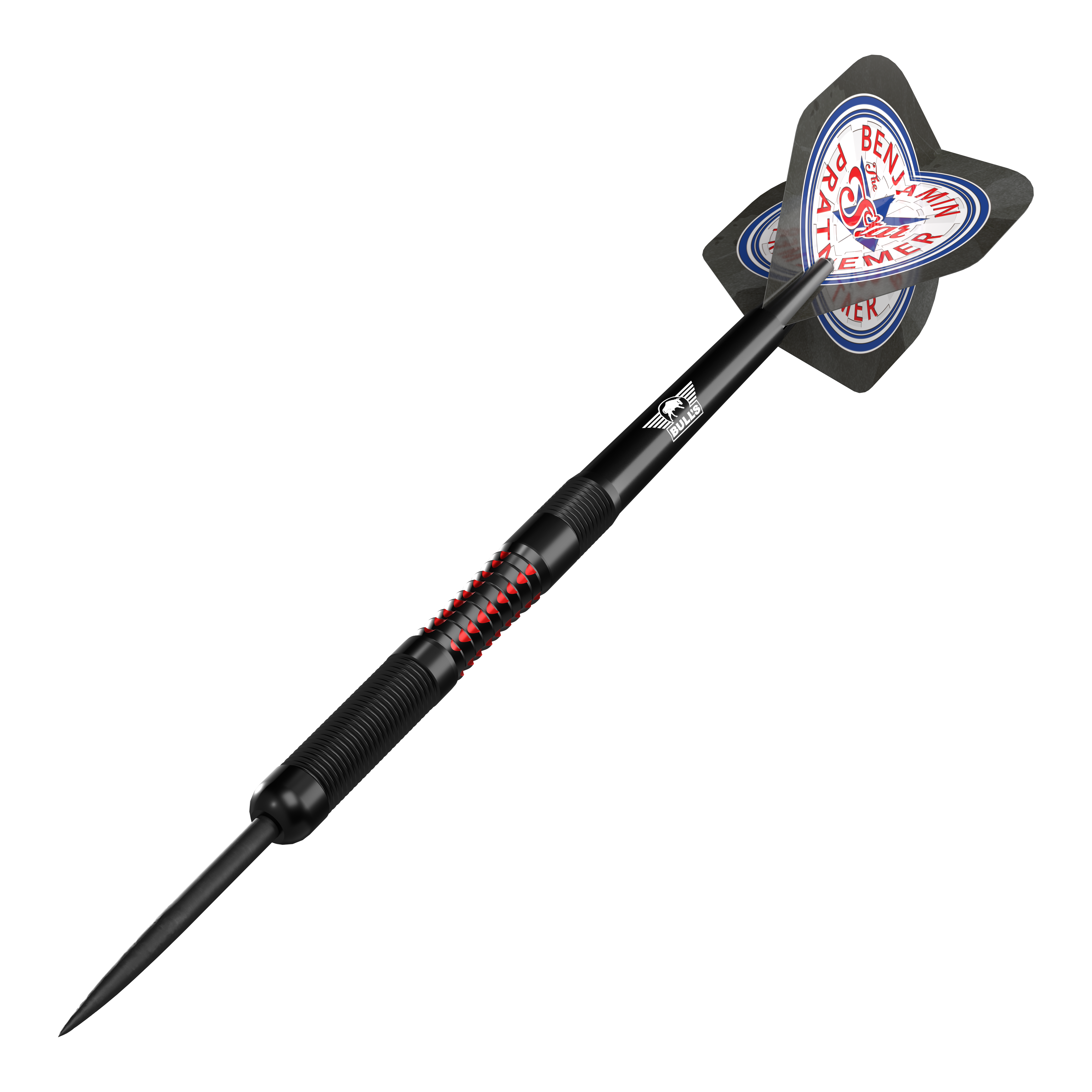 Das Bild zeigt einen Steeldart der Marke "Bulls NL Benjamin Pratnemer" mit einem Gewicht von 20 Gramm. Der Dart ist schwarz mit roten Akzenten und hat einen Flight mit dem Namen "Benjamin Pratnemer" darauf.