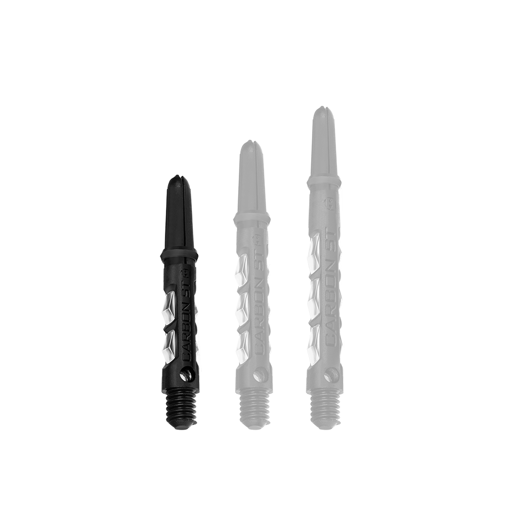HR416_Harrows_Carbon_ST_Shafts_Clear_33mm_1Np7Tvmk3FvKGL Das Bild zeigt drei Harrows Carbon ST Shafts in transparenter Ausführung. Sie sind in unterschiedlichen Längen zu sehen und haben ein schwarzes und klares Design.