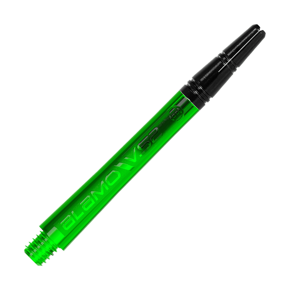 Harrows Alamo VS2 Shafts - Green Zwei Dart-Schäfte mit identischer Ausführung sind abgebildet. Die Aufnahme fokussiert auf das Schaftprofil.