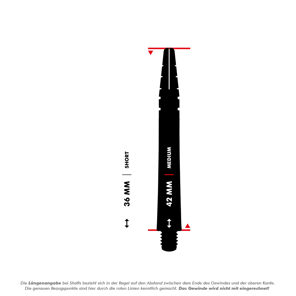 RDS440_Red_Dragon_Nitrotech_Shafts_5_42mmucei9ofpFjiSH Das Bild zeigt zwei verschiedene Längen der Red Dragon Nitrotech Peter Wright Shafts in Grün. Die Längen sind 36 mm (Short) und 42 mm (Medium), jeweils zwischen zwei roten Markierungen gemessen.