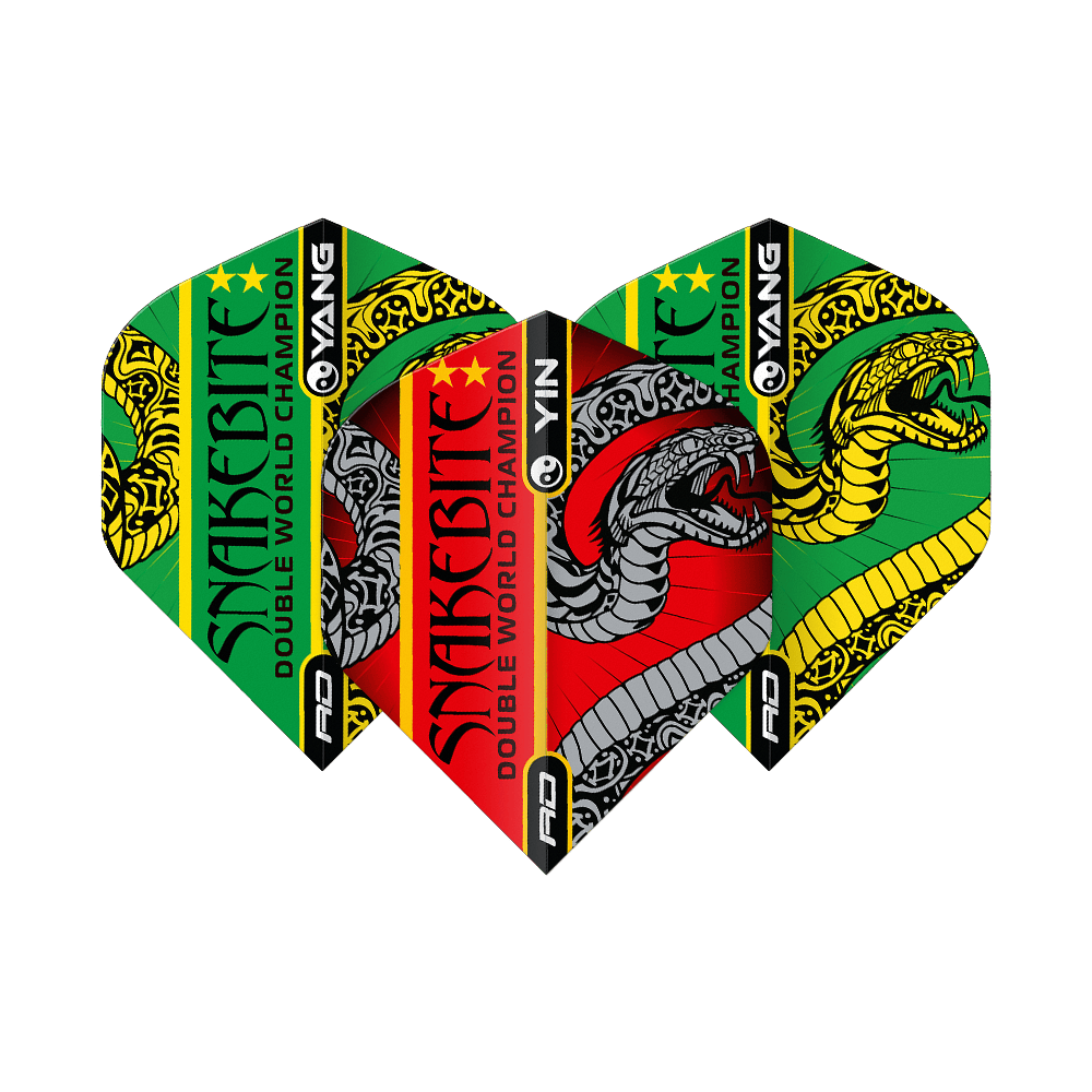Red Dragon Peter Wright Snakebite Red Green Yin Yang Standard Flights Das Bild zeigt drei Dartflights mit bunten Farben und auffälligem Schlangen-Design. Auf den Flights steht "Snakebite Double World Champion" und sie sind in Rot, Grün, Gelb und Schwarz gestaltet.