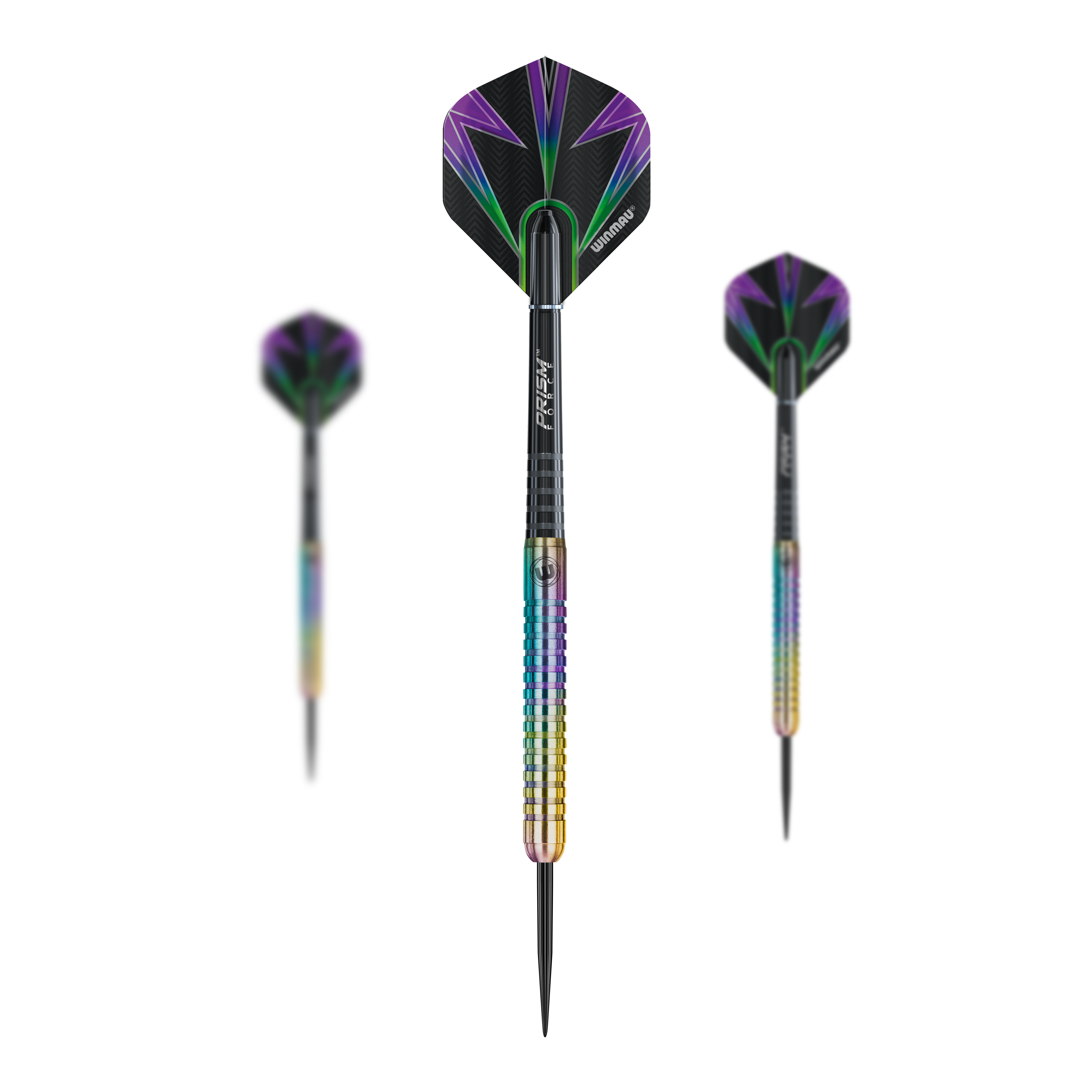 Winmau Foxfire Urban steel darts Das Bild zeigt drei Winmau Foxfire Urban Steeldarts mit farbenfrohen Schäften und schwarzen Flights mit lila und grünen Mustern. Die Darts haben metallische Spitzen und ein modernes, auffälliges Design.