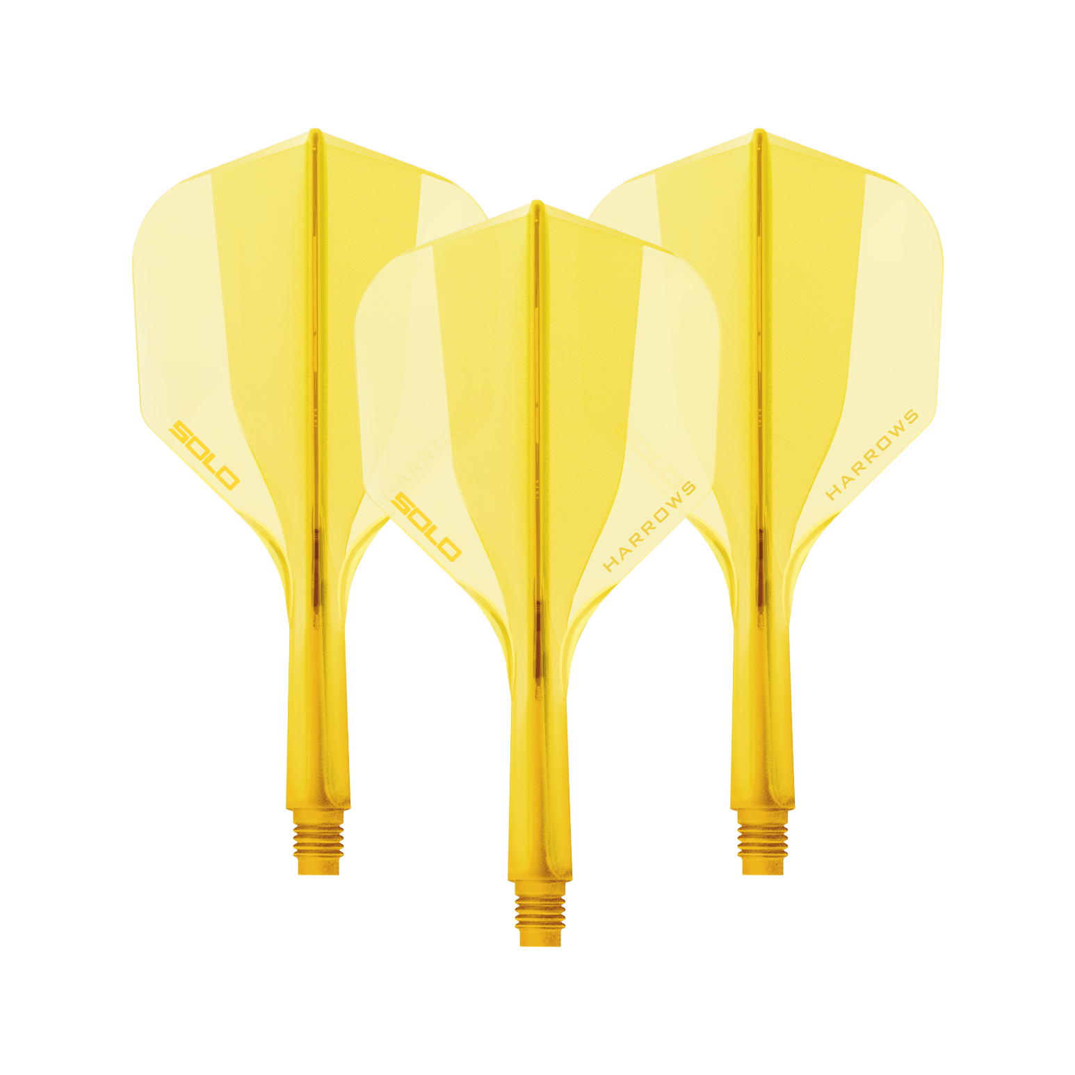 Ein gelbes Harrows Solo No6 Flight Shaft System, 20mm lang. Das Bild zeigt ein Dart Shaft Set in leuchtendem Gelb.