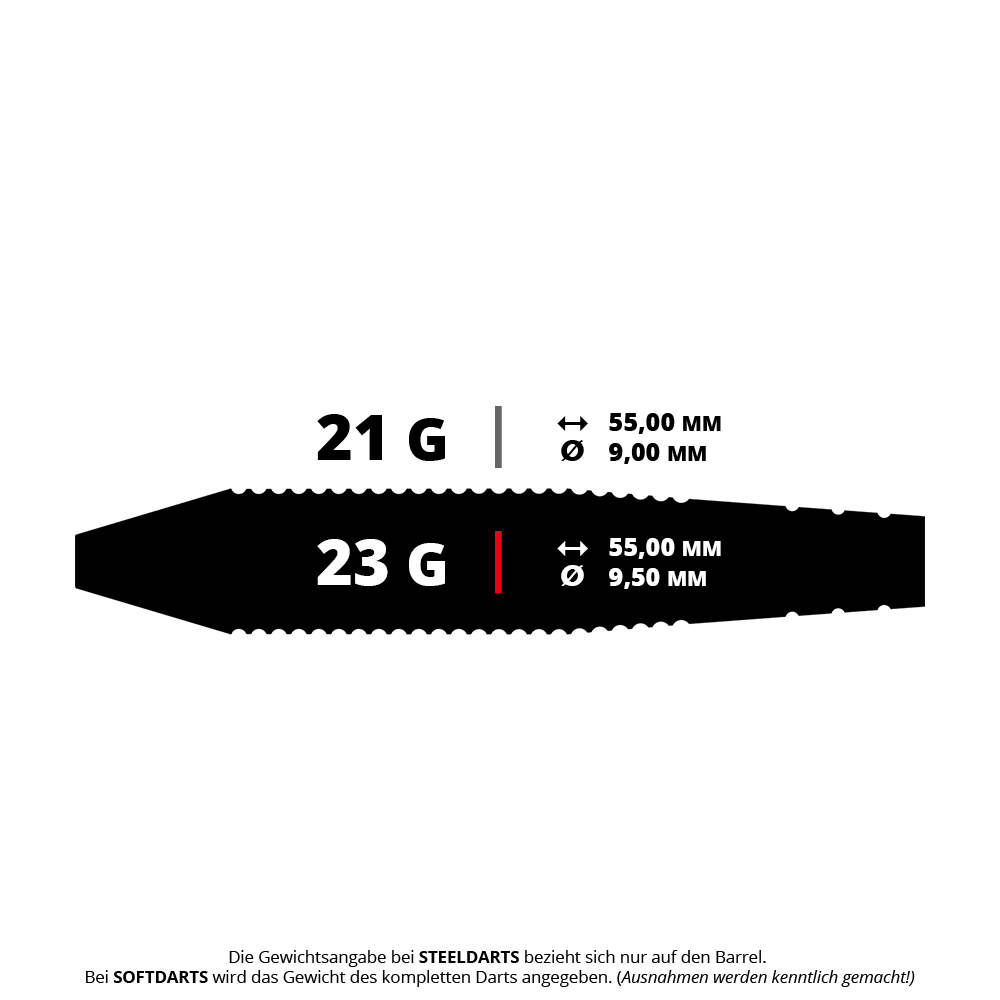 Das Bild zeigt zwei verschiedene Dartgewichte: 21 g und 23 g. Die Länge beträgt jeweils 55,00 mm, der Durchmesser ist 9,00 mm bzw. 9,50 mm.