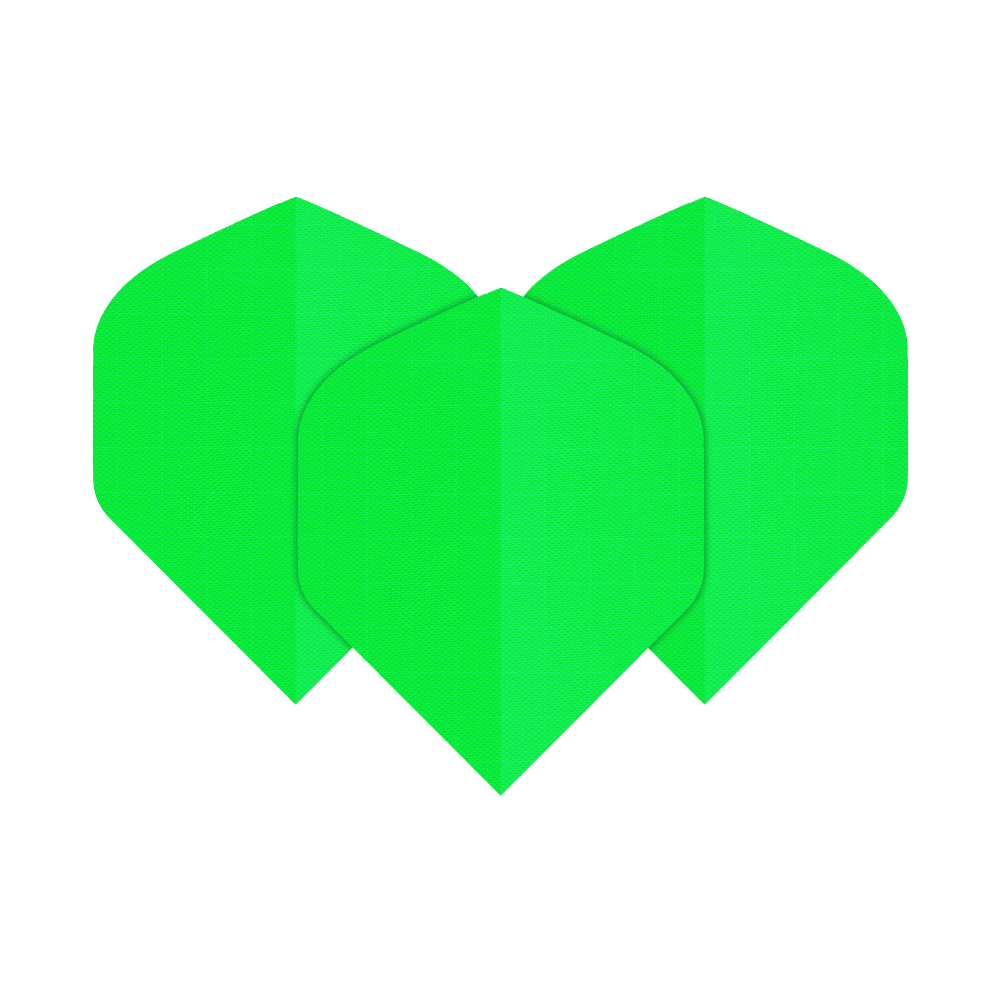 Nylon Fabric Flights N5 - Standard - Neon Green Das Bild zeigt drei neongrüne Nylon-Stoff Flights in der Form N5. Sie sind nebeneinander angeordnet und leuchten auffällig.