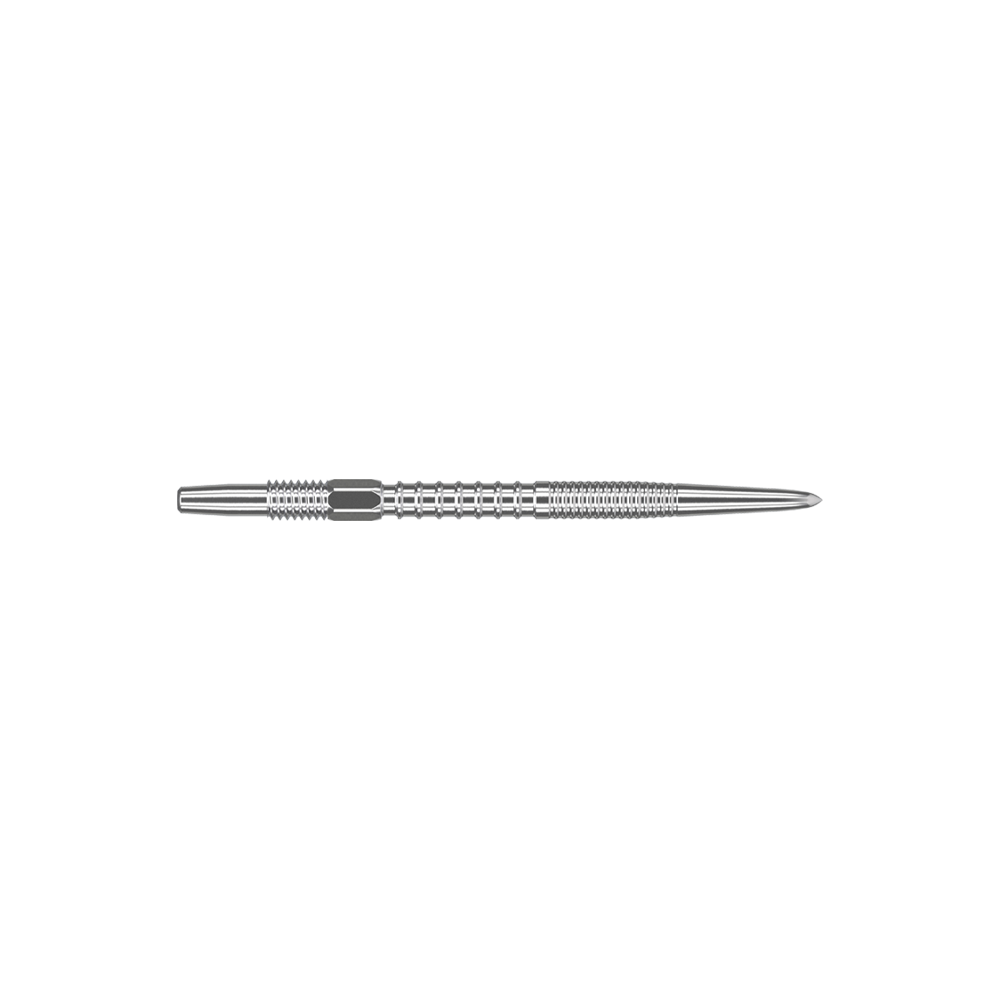 Target Swiss Firepoint Silver dart tips Das Bild zeigt eine silberne Dartspitze mit feinen Rillen. Sie ist lang, schlank und aus Metall gefertigt.