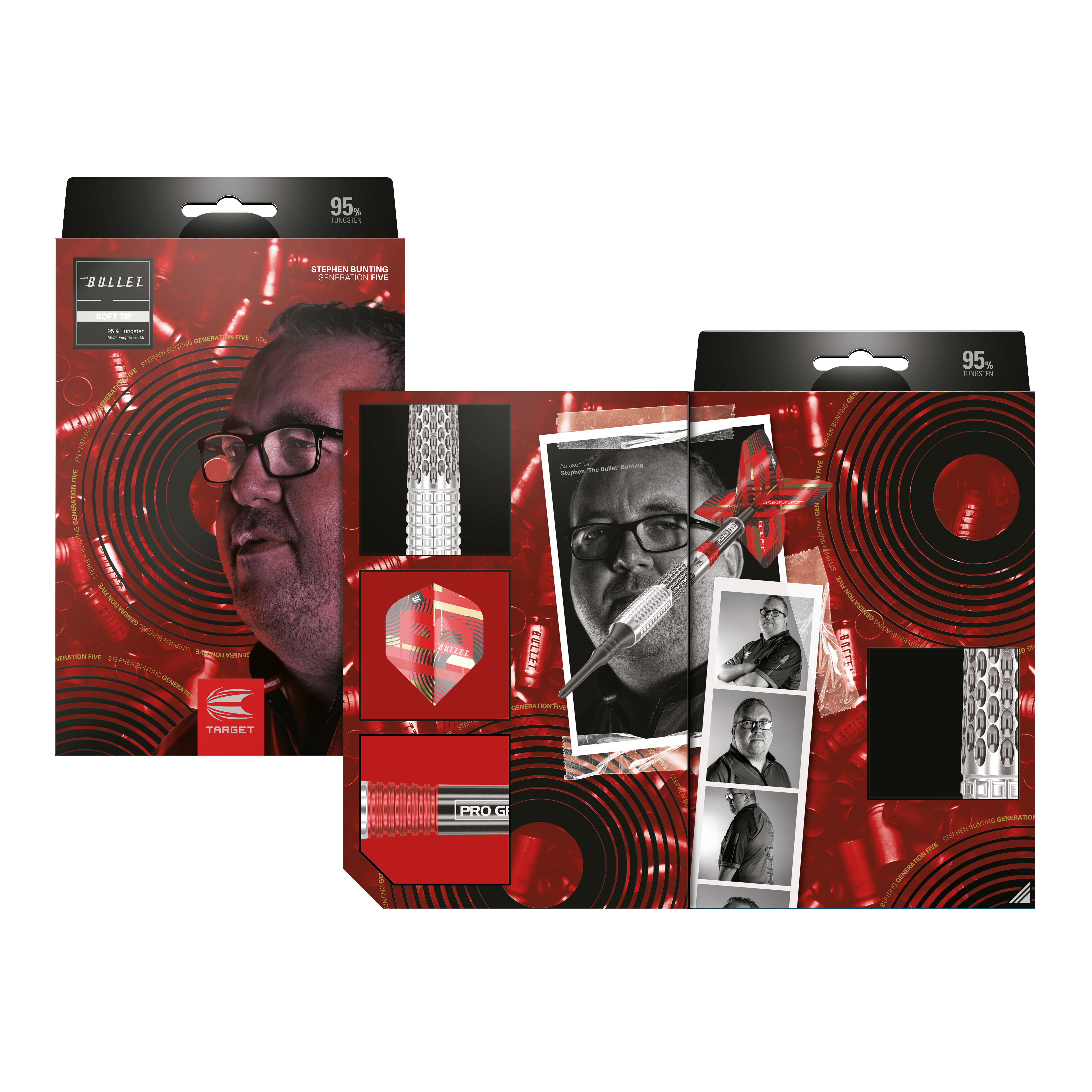 Target Stephen Bunting GEN5 Soft Darts - 18g Auf dem Bild ist die Verpackung der "Target Stephen Bunting GEN5 Softdarts - 18g" zu sehen. Die Verpackung zeigt ein Porträt von Stephen Bunting und mehrere Produktdetails vor einem roten, auffälligen Hintergrund.