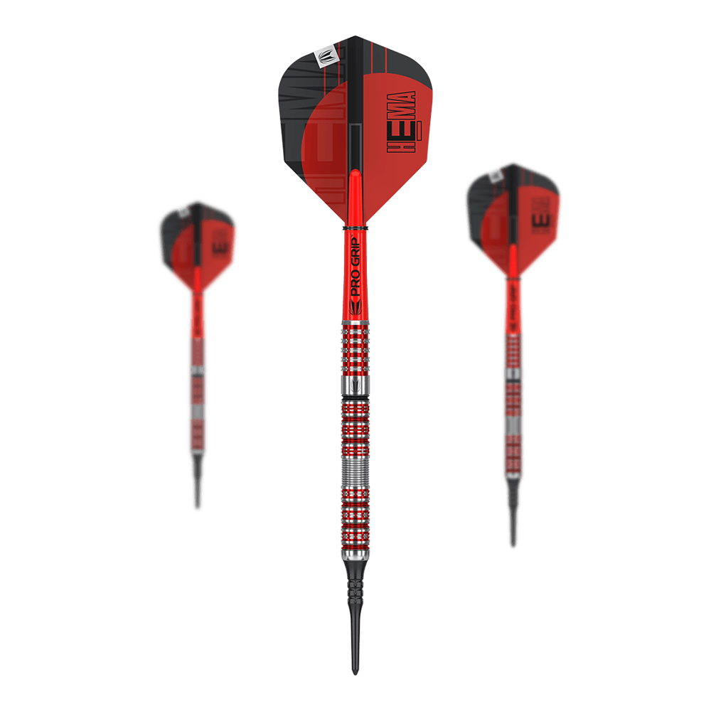 Target Hema 10 soft darts Das Bild zeigt drei Softdarts des Produkts "Target Hema 10". Die Darts sind in Rot und Silber gestaltet und haben schwarze Spitzen.