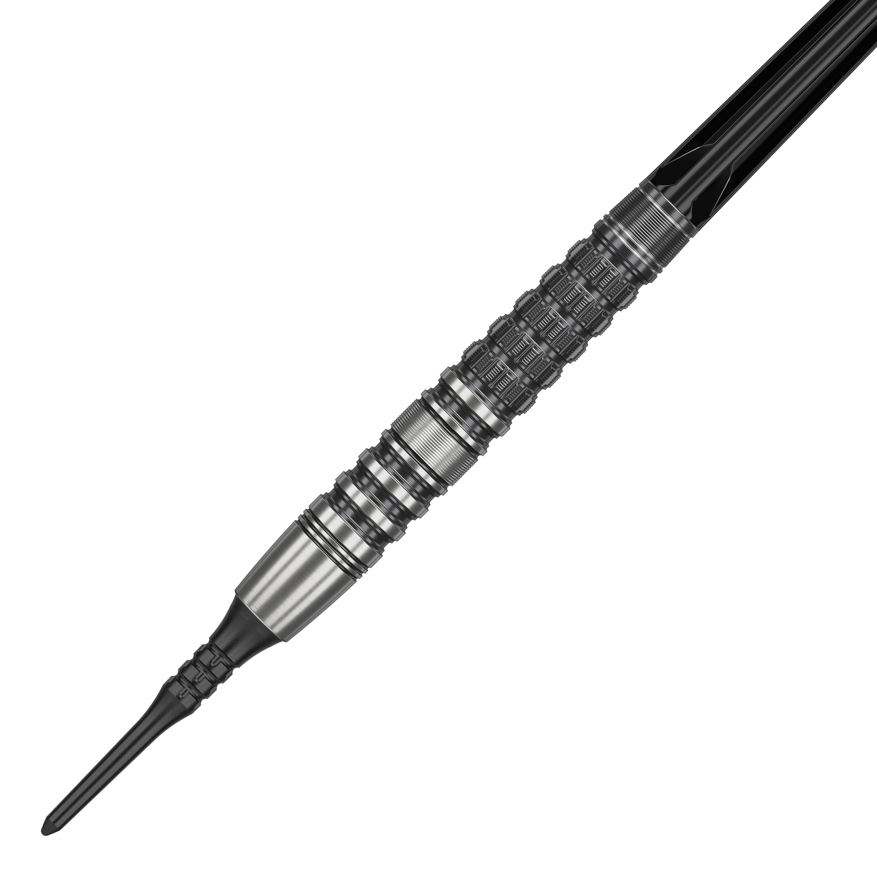 Target Japan Black Marque Lumiere GEN3 Soft Darts - 18.5g Das Bild zeigt einen Target Japan Black Marque Lumiere GEN3 Softdart mit einem Gewicht von 18,5g. Der Dart ist aus Metall gefertigt und besitzt ein detailliertes, strukturiertes Griffdesign.