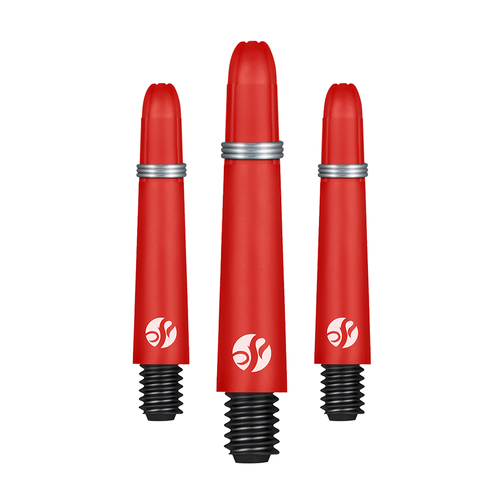 Shot Koi Carbon Shafts - Red Das Bild zeigt drei rote Dartshafts mit silbernen Ringen und schwarzem Gewinde. Sie sind in verschiedenen Längen angeordnet und haben ein weißes Logo aufgedruckt.