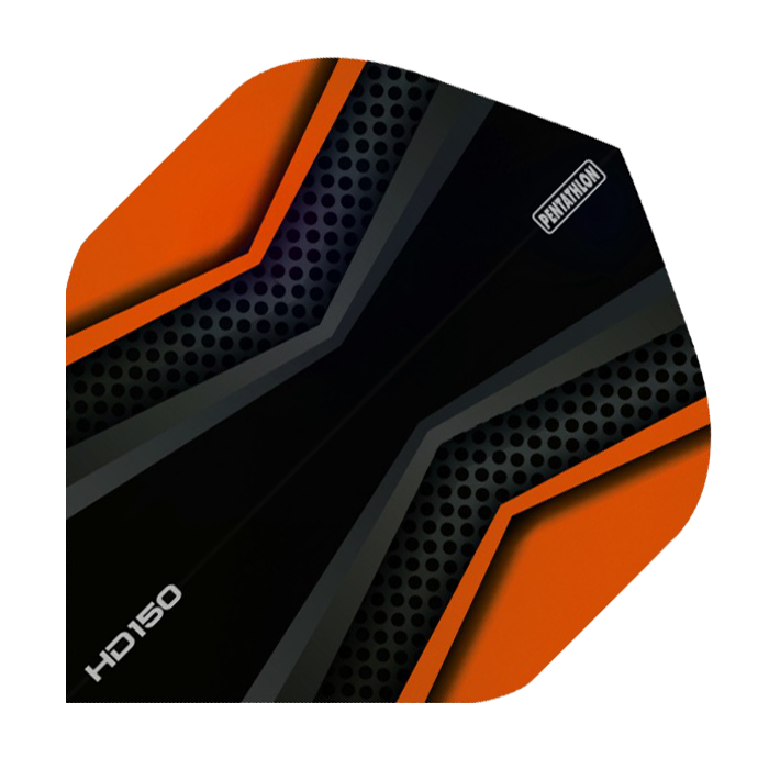 HD2028-Pentathlon-HD150-Black-Orange Das Bild zeigt ein Dart-Flight mit dem Namen "HD 150 Pentathlon Flights Black/Orange". Es ist überwiegend schwarz mit orangefarbenen Akzenten und einem modernen, sportlichen Design.