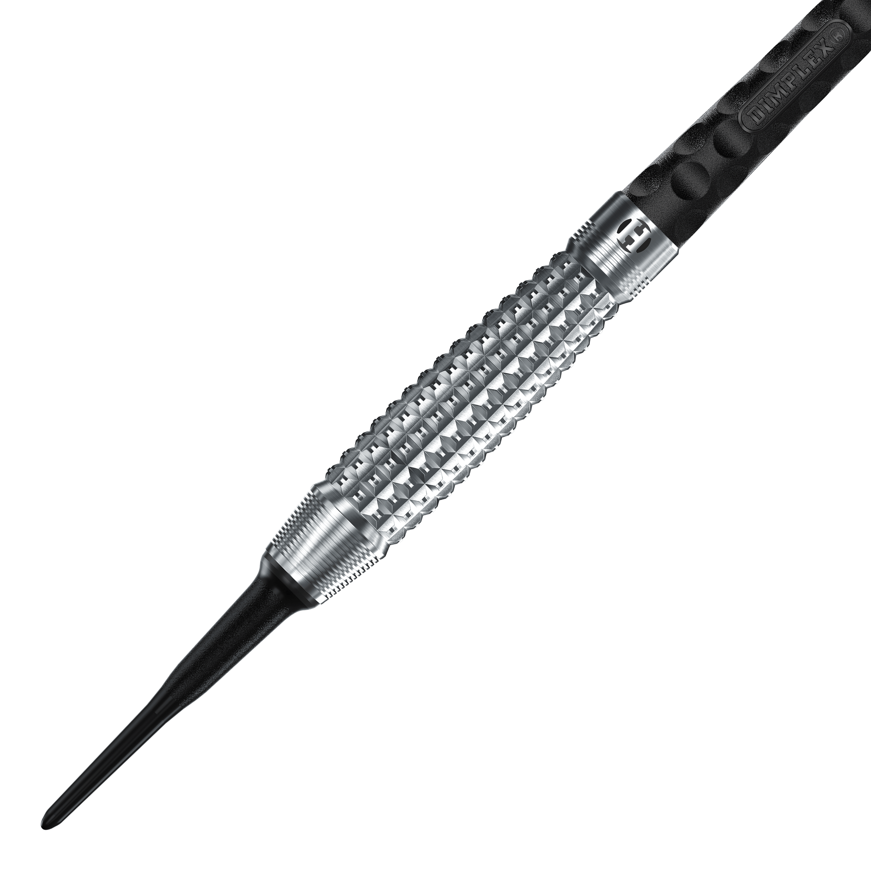 Harrows Dimplex S3 Bomb soft darts Das Bild zeigt einen Harrows Dimplex S3 Bomb Softdart. Der Dartpfeil hat eine silberne, strukturierte Griffzone und eine schwarze Kunststoffspitze.