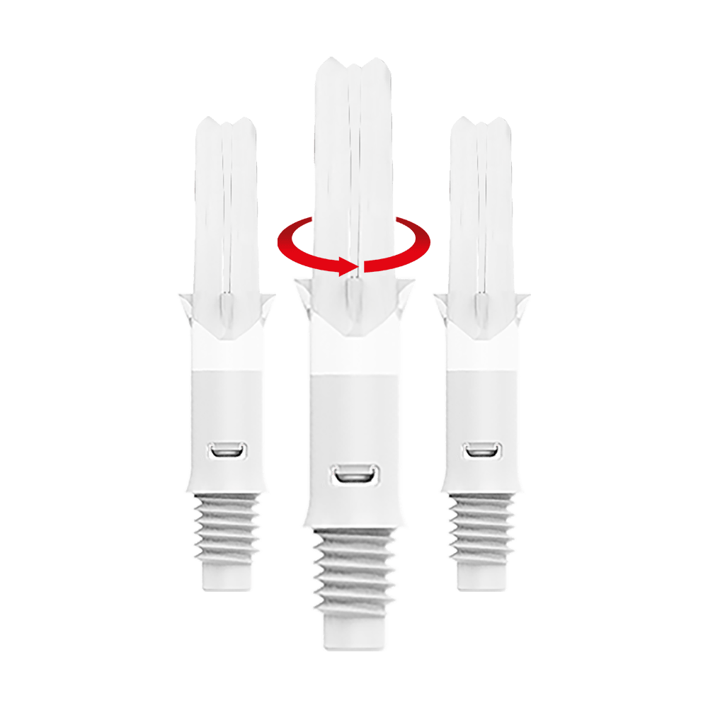 L-L-Style-Shafts Silent Straight - White Das Bild zeigt drei weiße Dartschäfte, die senkrecht nebeneinander stehen. Über dem mittleren Schaft ist ein roter Pfeil, der eine Drehbewegung anzeigt.