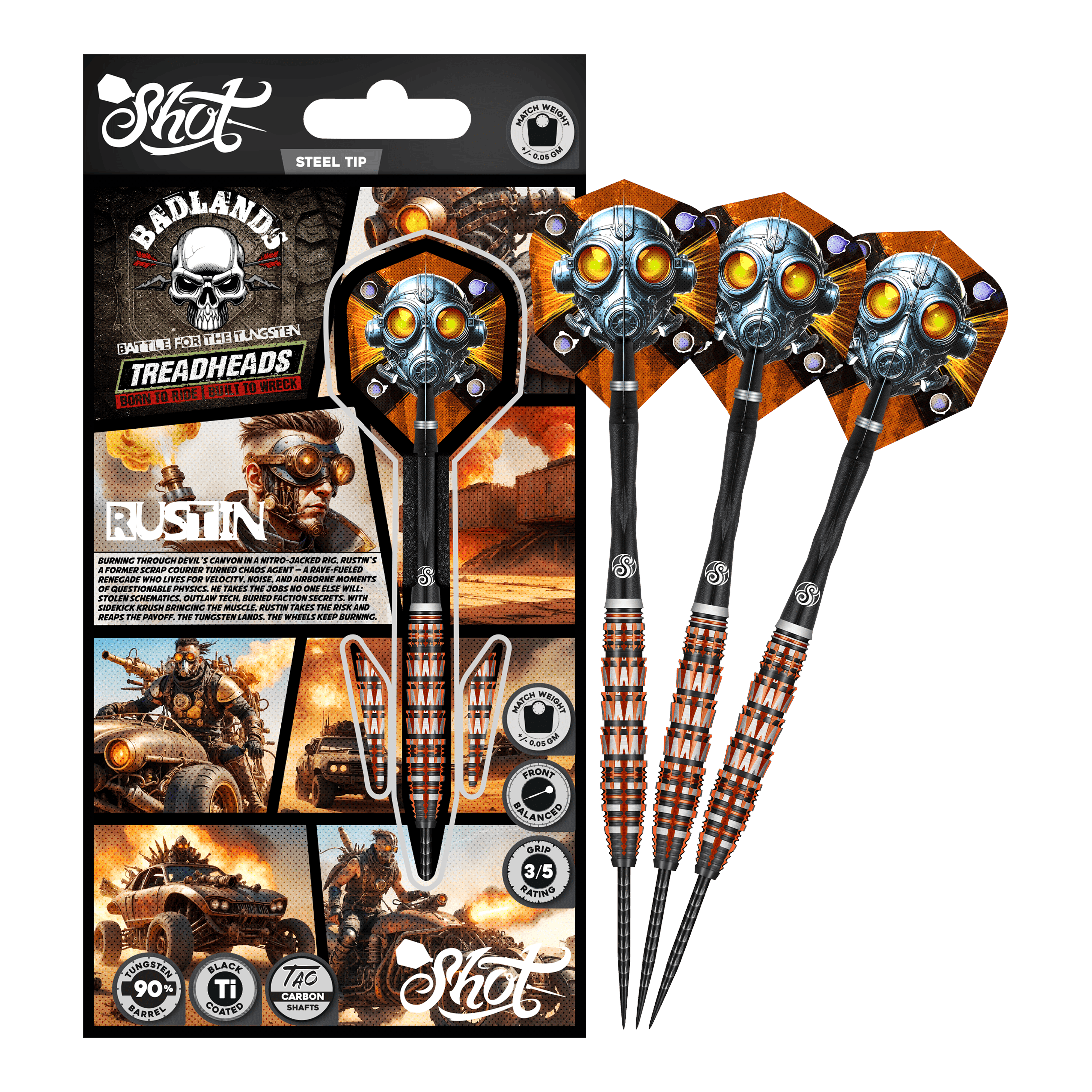 Das Bild präsentiert den Shot Badlands Rustin Steeldarts - 23g. Der komplette Dartpfeil ist abgebildet.