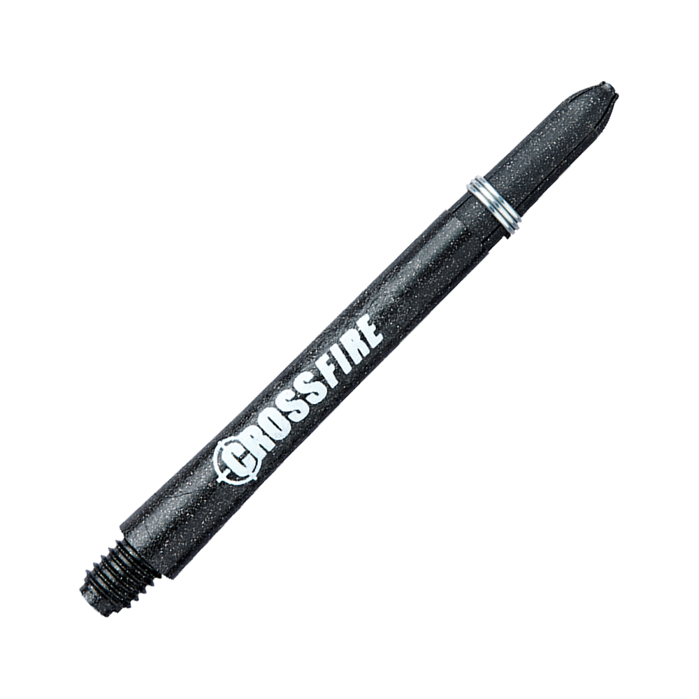 Das Bild zeigt einen schwarzen Dart-Schaft mit der Aufschrift "Crossfire". Es handelt sich um das Produkt "RedDragon Crossfire Carbon Fibre Shafts".