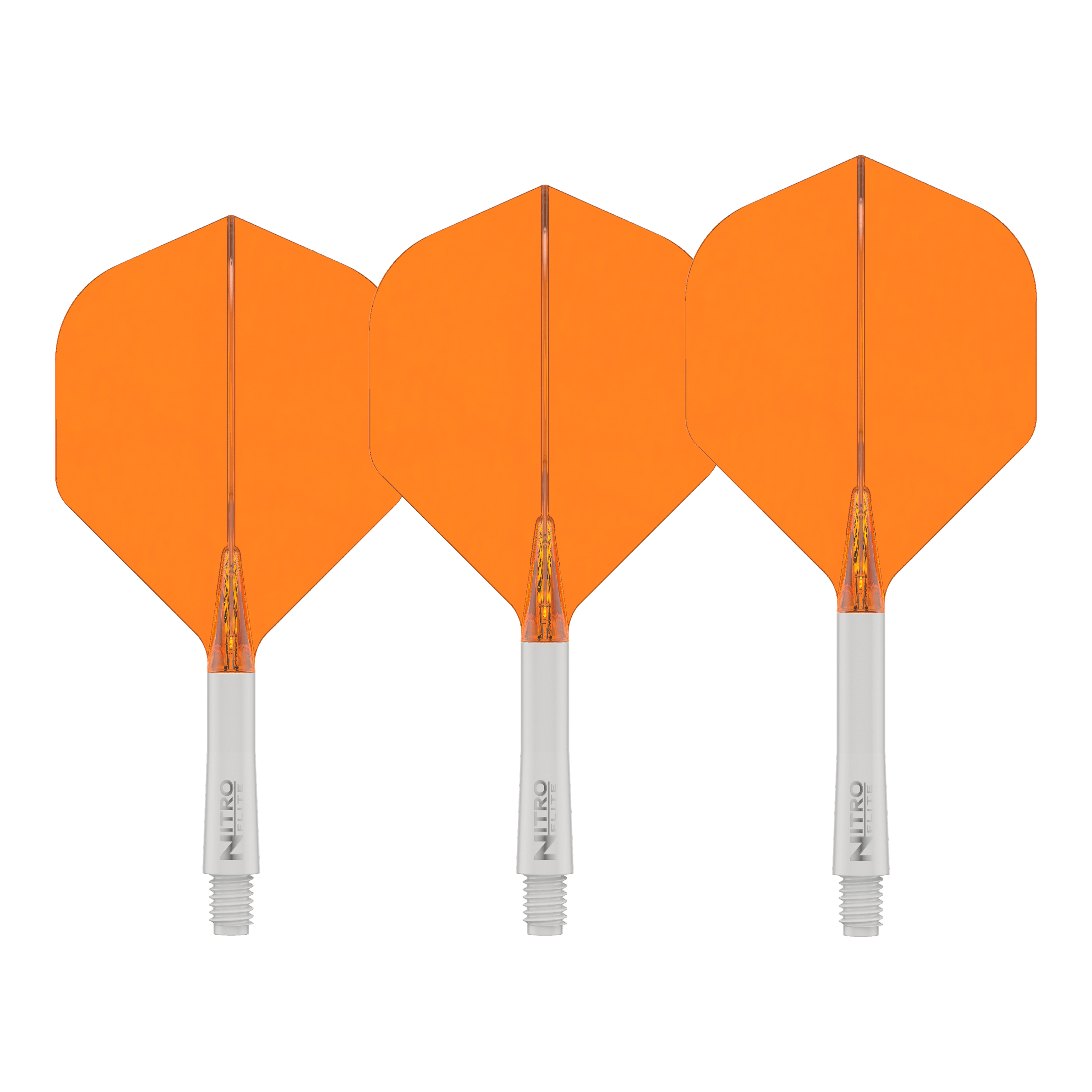 Red Dragon Nitroflite White Shaft Orange Flights No2 Das Bild zeigt das Produkt Red Dragon Nitroflite White Shaft Orange Flights No2. Es handelt sich um einen weißen Dart-Schaft mit orangefarbenen Flights.