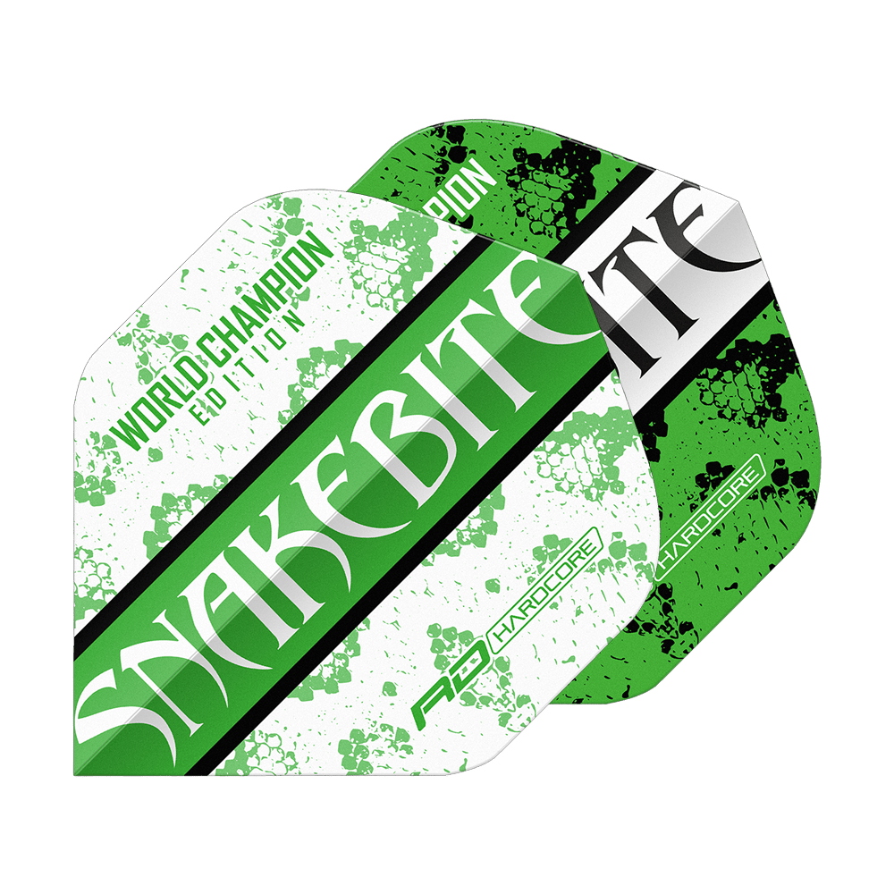 Red Dragon Peter Wright Snakebite Green White Yin Yang Standard Flights Das Bild zeigt zwei Dart-Flights in grün-weißem Design mit der Aufschrift "SNAKEBITE". Auf einem Flight steht zusätzlich "WORLD CHAMPION EDITION" und beide haben ein Schlangenhaut-Muster.