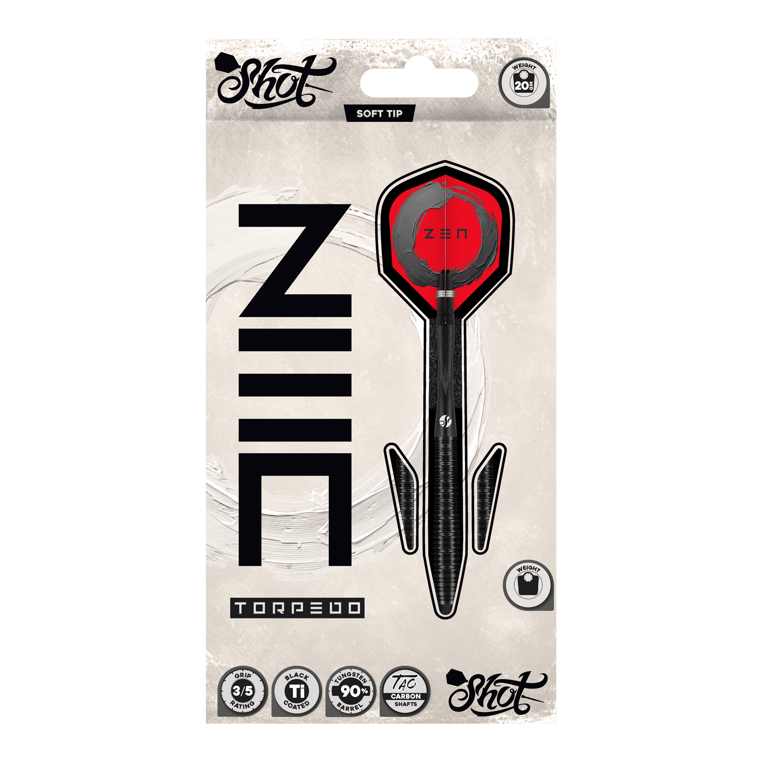 Shot ZEN Torpedo Soft Darts - 20g Hier sieht man die Shot ZEN Torpedo Softdarts - 20g aus einer anderen Perspektive. Die Details des Dartpfeils sind deutlich erkennbar.