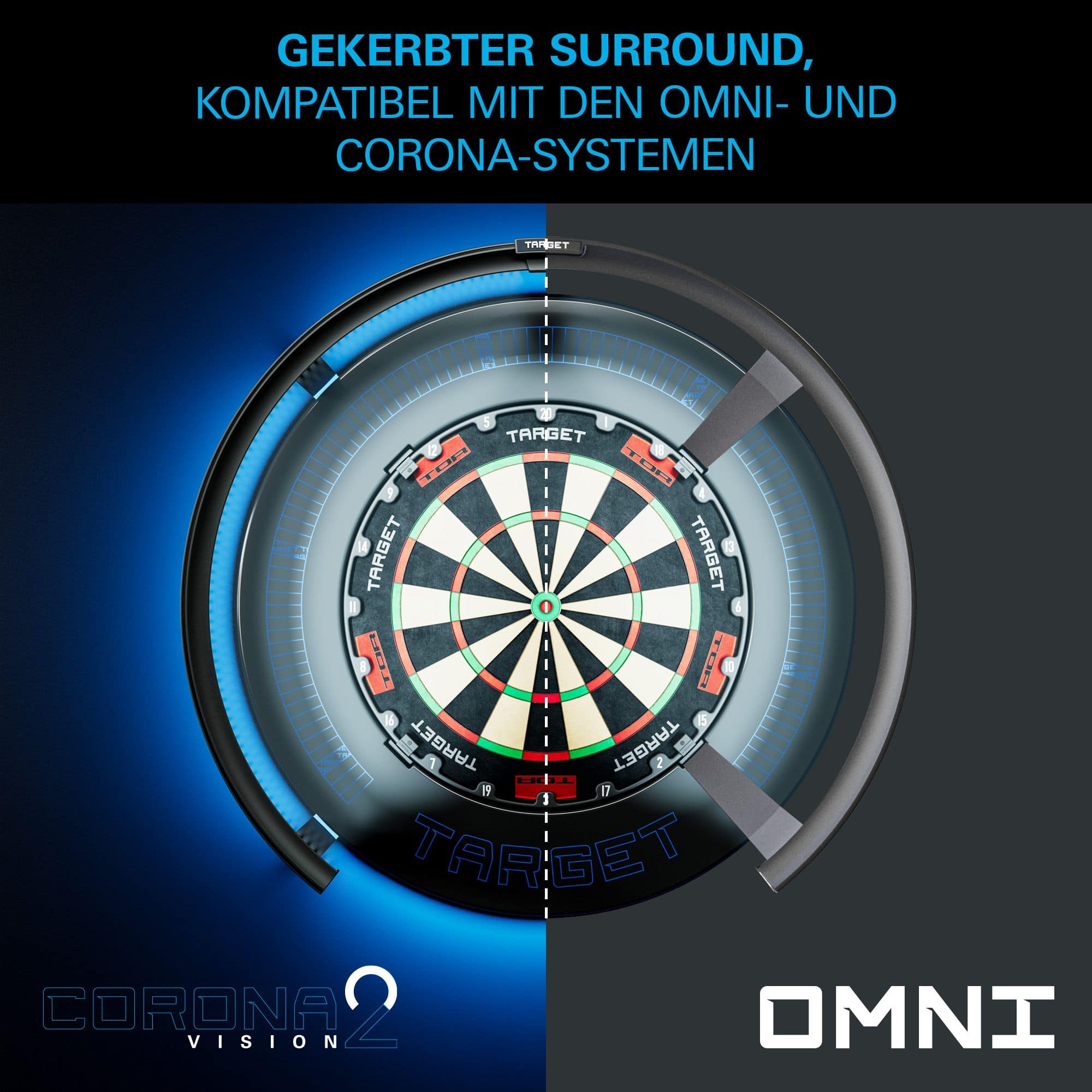 Target Corona Vision Notched Dartboard Surround with Lighting Abgebildet ist das Target Corona Vision Notched Dartboard Surround mit Beleuchtung. Das Surround ist komplett zu sehen.