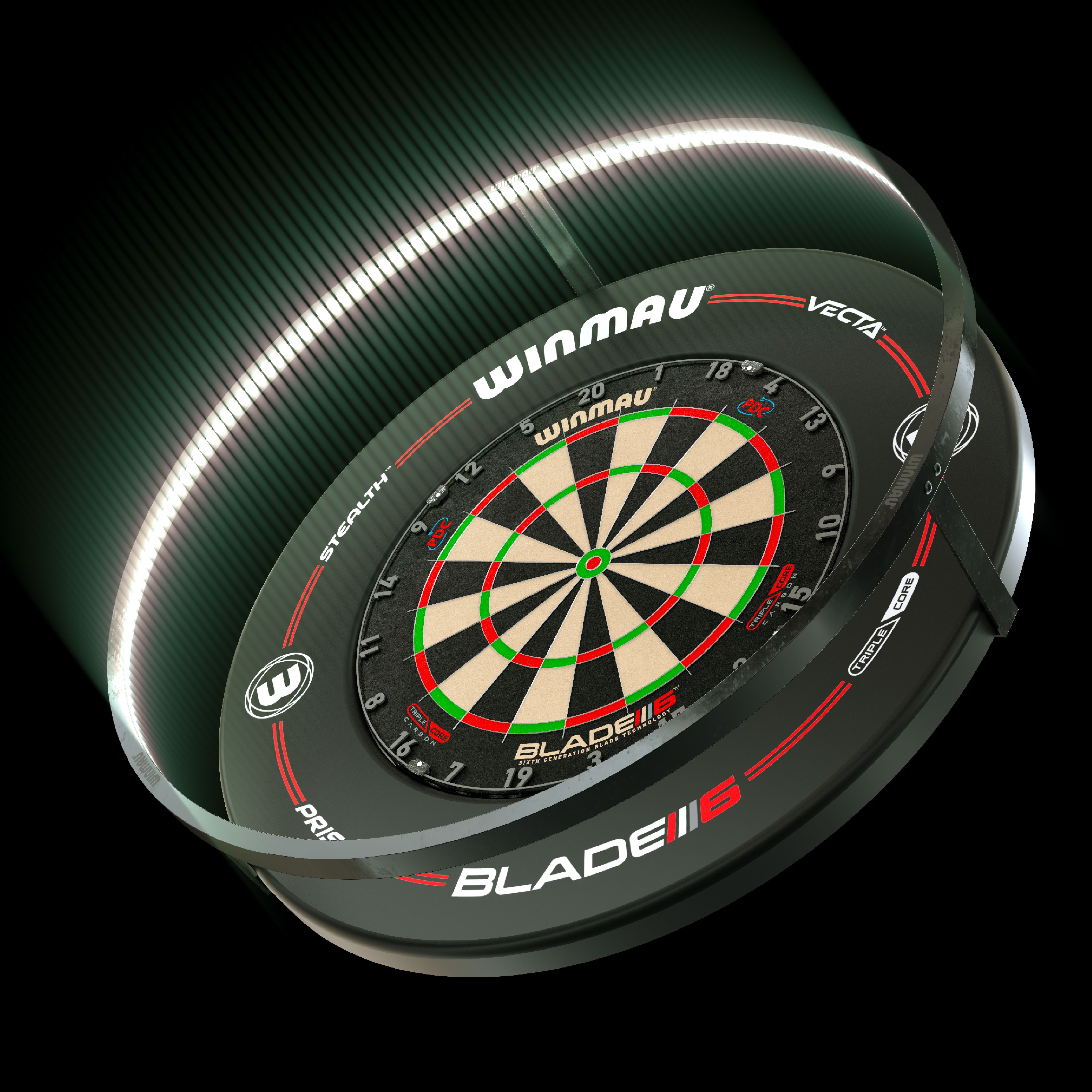 BUNDLE Winmau Plasma LED lighting and surround Das Bild zeigt das Winmau Plasma LED Beleuchtung und Surround Bundle mit einer beleuchteten Dartscheibe. Die LED-Leiste sorgt für optimale Ausleuchtung und ein modernes Design.