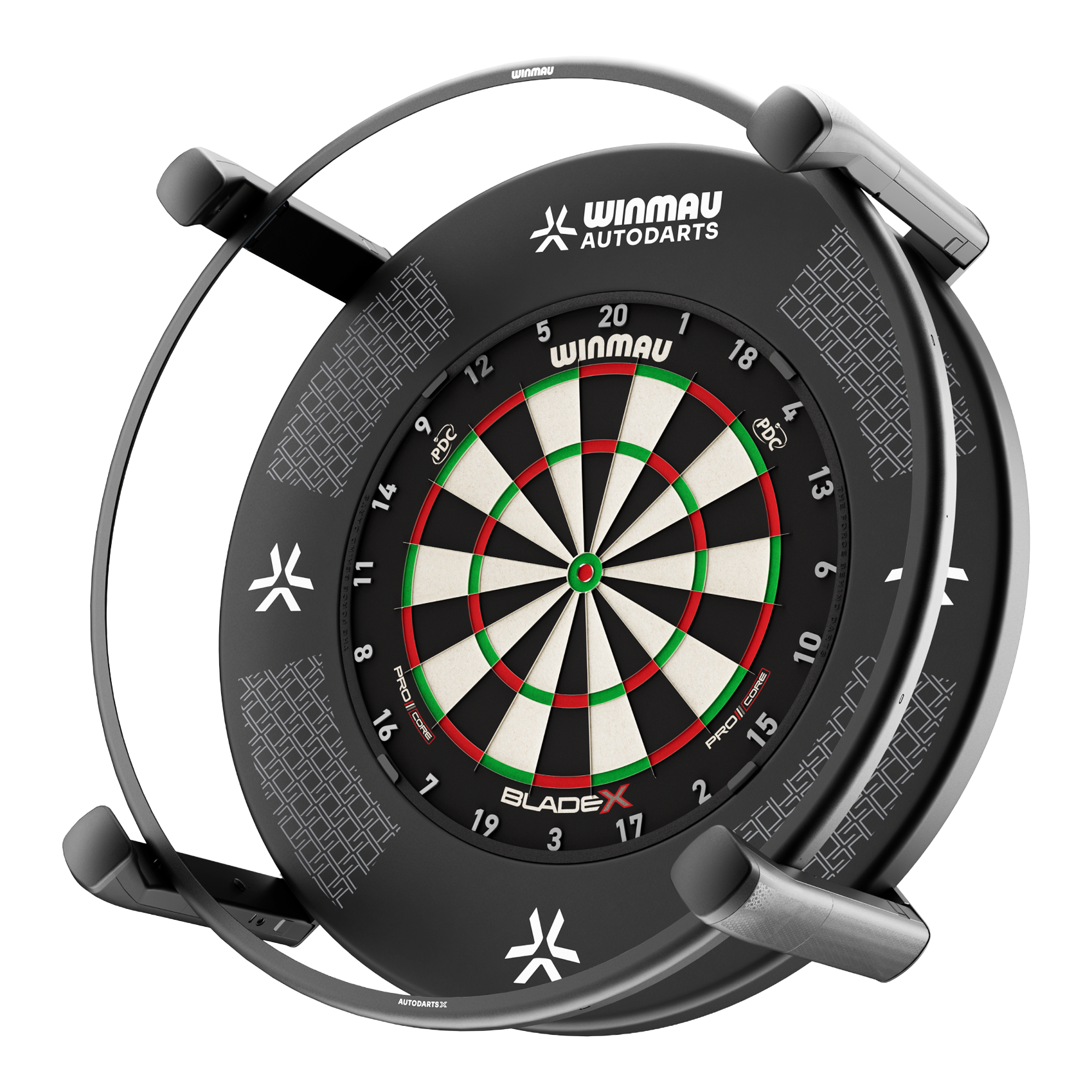 Winmau Autodarts X autoscoring system Abgebildet ist das Winmau Autodarts X Autoscoring-System. Dieses Produkt wertet Dartspiele automatisch aus.