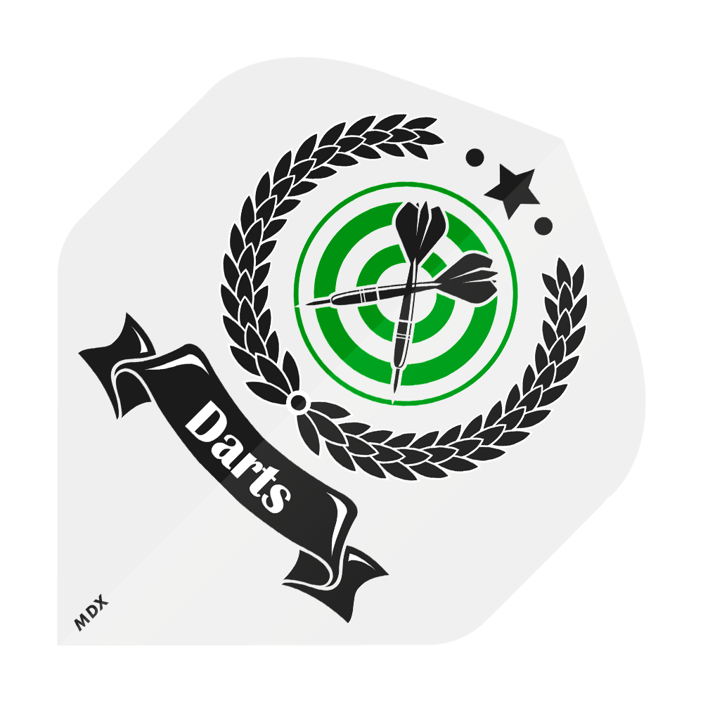 MD-401-Log_2-Seitig_Bedruckte_Flights_Logo_MDX_2 Das Bild zeigt ein grünes Dart-Ziel mit zwei schwarzen Dartpfeilen in der Mitte. Darum herum ist ein schwarzer Lorbeerkranz und ein Banner mit dem Wort "Darts".