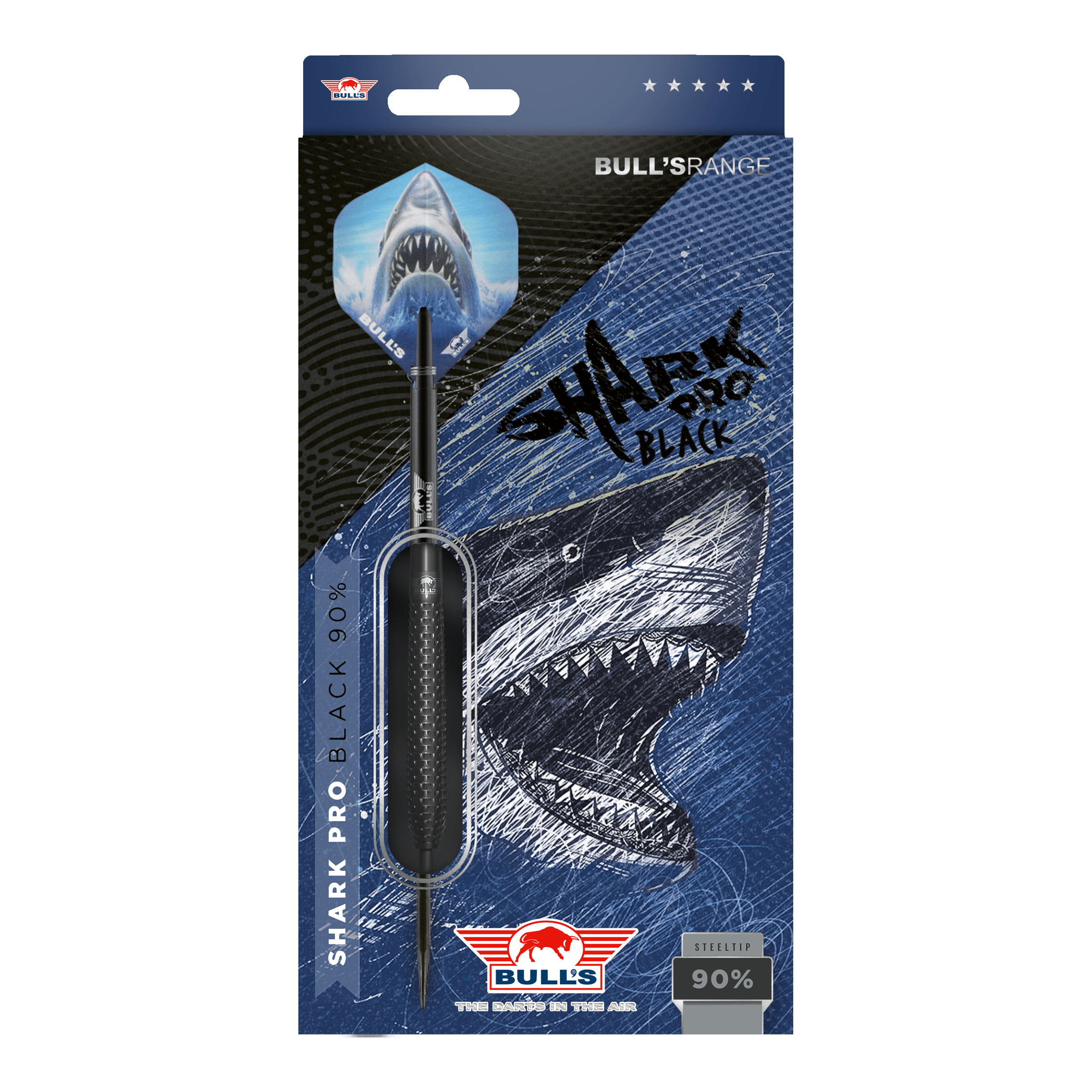 Bulls NL Shark Pro Black Steel Darts Die Abbildung zeigt die Verpackung der "Bulls NL Shark Pro Black Steeldarts". Auf der Verpackung ist ein aggressiv aussehender Hai sowie der Dartpfeil selbst zu sehen.