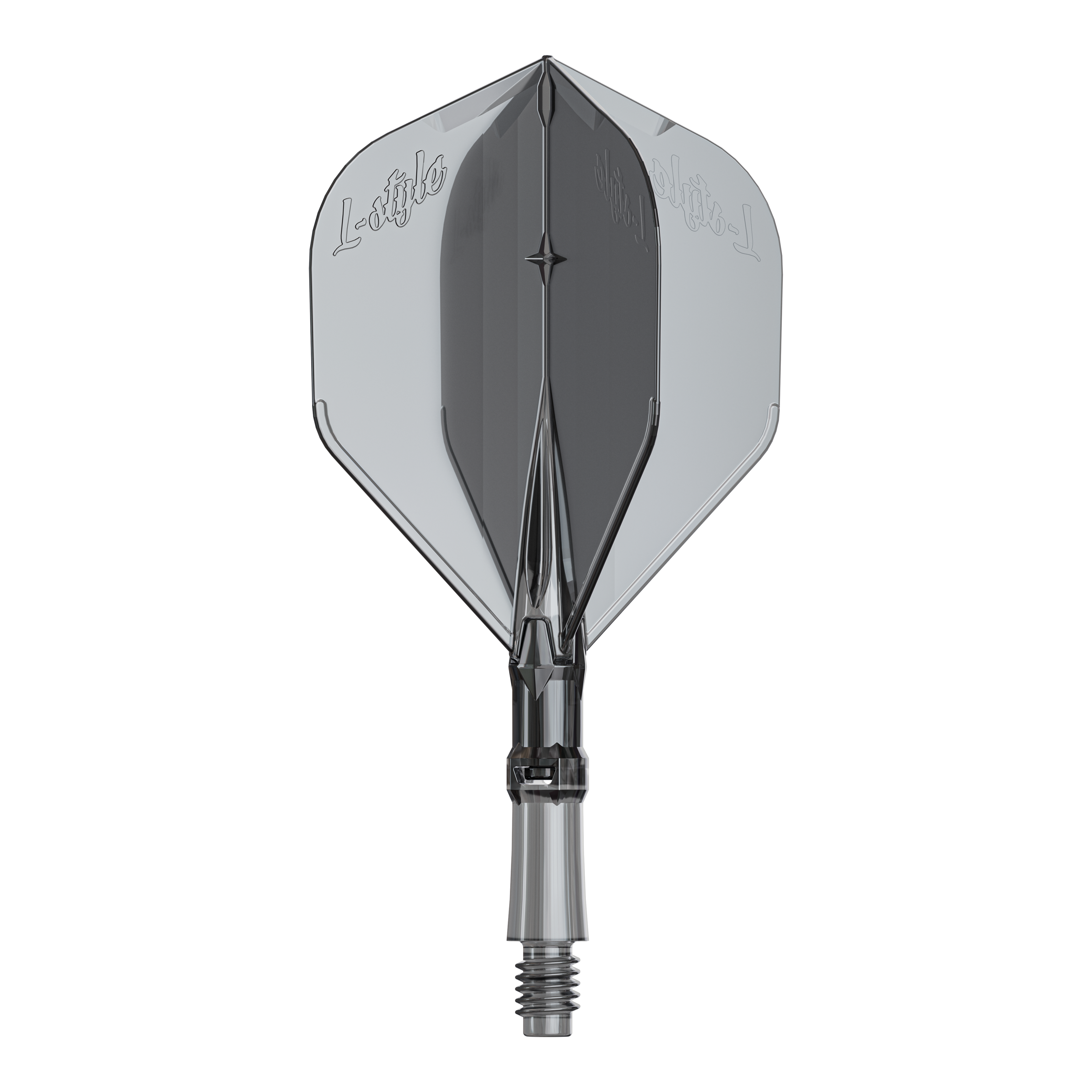L-Style L-Sytem Flights - Clear Black Ein Ersatz-Flights-Set für Dartpfeile ist abgebildet. Das Produkt heißt LS1062 LStyle L-System Flights ClearBlack Small.
