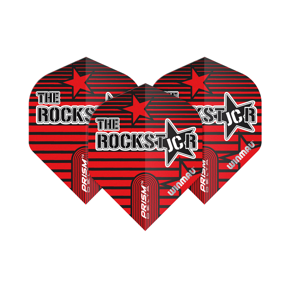 6915-227_Winmau_Prism_Delta_Joe_Cullen_Rockstar_Standard_Flights_1WDsuEMGPr9685 Das Bild zeigt drei Dartflights mit der Aufschrift "The Rockstar" in einem roten und schwarzen Design. Auf den Flights steht außerdem "Prism Delta" und "Winmau".