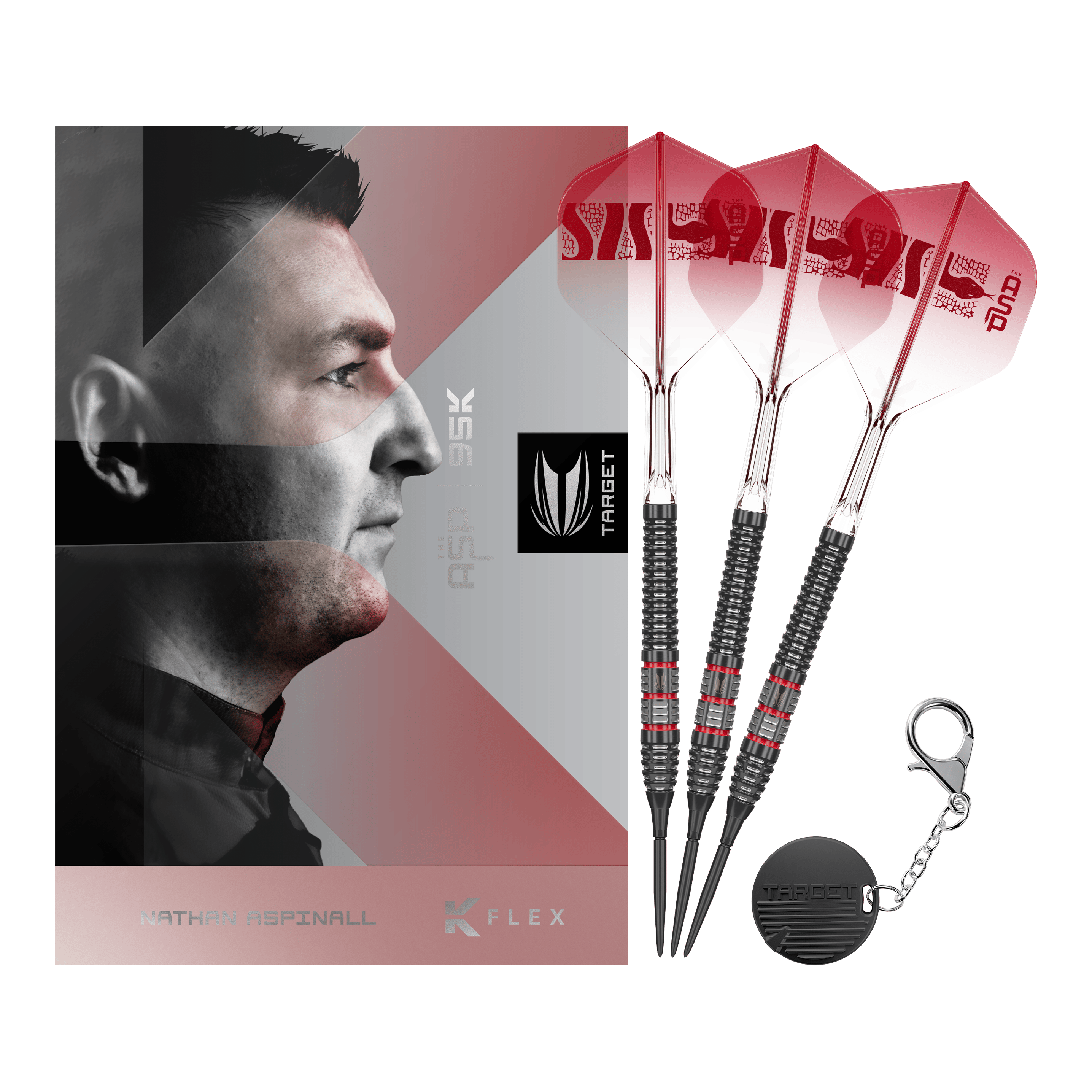 Volle Ansicht der Target Nathan Aspinall 95K Swiss Point Steeldarts. Die Darts sind in ihrer Gesamtheit abgebildet.