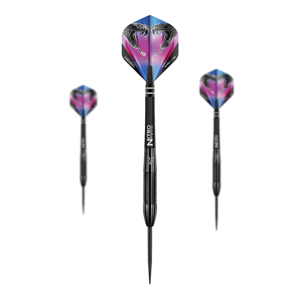 Red Dragon Peter Wright Snakebite 3 Black Steeldarts Auf dem Bild sind drei schwarze Steeldarts der Marke "Red Dragon Peter Wright Snakebite 3" zu sehen. Die Flights zeigen ein buntes Design mit zwei Schlangenköpfen.