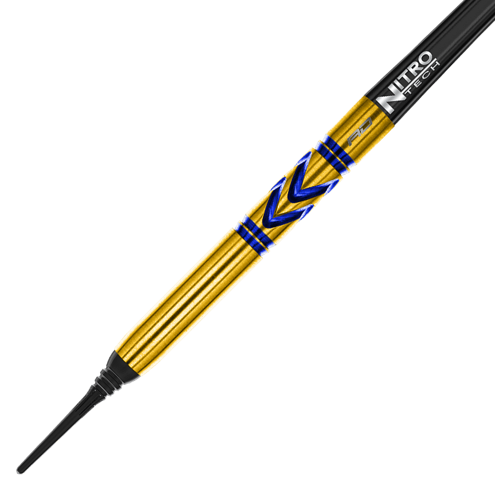 RD2546_Red_Dragon_Gerwyn_Price_Avalanche_Gold_Softdarts_2MCKbHU9y2PEgT Das Bild zeigt einen Red Dragon Gerwyn Price Avalanche Gold Softdart mit einem Gewicht von 20g. Der Dart ist goldfarben mit blauen Akzenten und einer schwarzen Spitze.