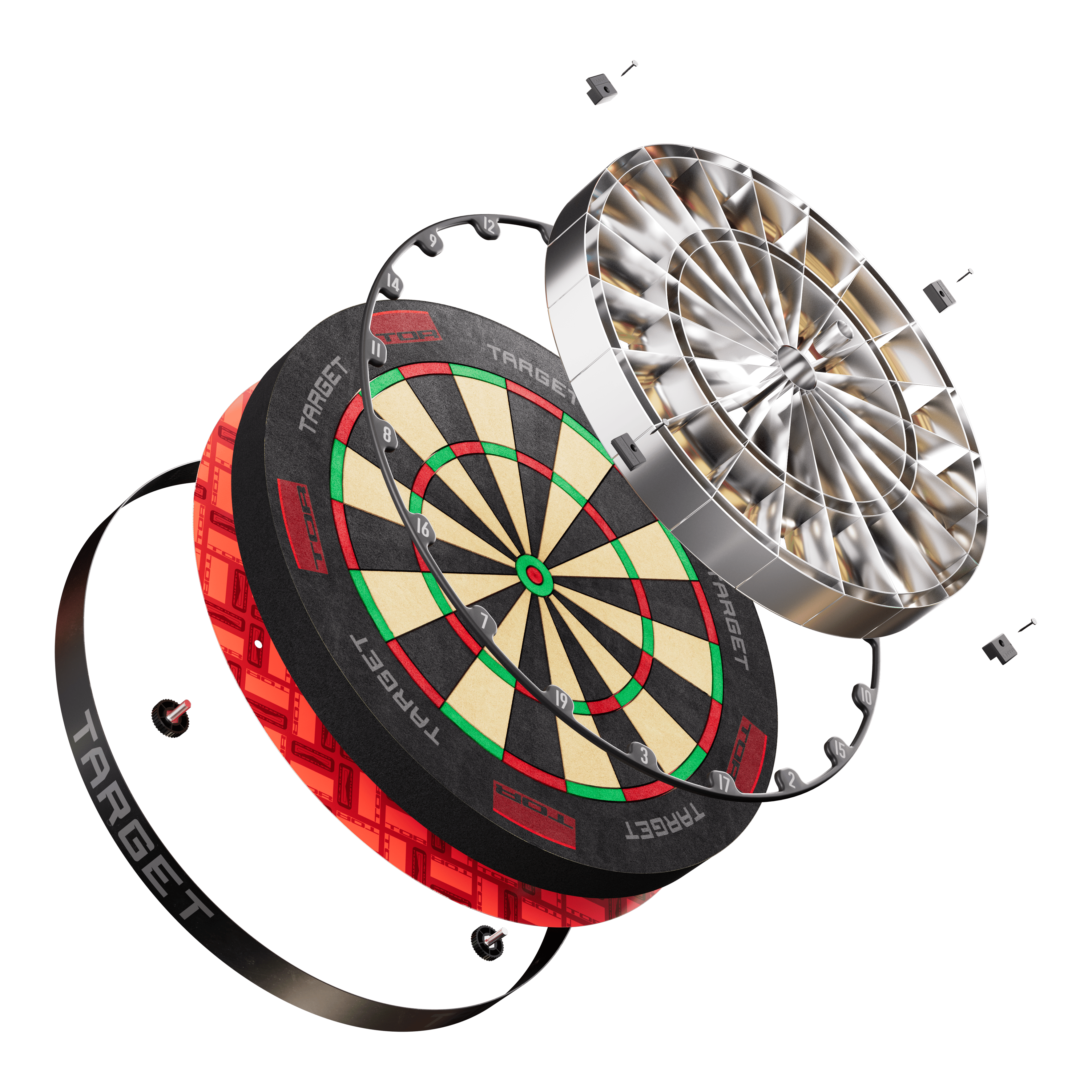 Target TOR Steel Dartboard Das Bild zeigt das Produkt "Target TOR Steeldartboard" in einer explodierten Ansicht. Die einzelnen Bauteile des Dartboards sind deutlich sichtbar und voneinander getrennt dargestellt.
