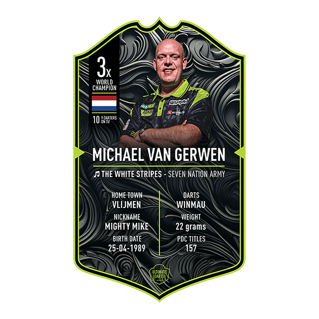 Dies ist eine Sammelkarte von "Ultimate Darts" für Michael Van Gerwen aus dem Jahr 2025. Sie zeigt sein Foto und enthält Informationen wie seinen Spitznamen, Geburtsdatum, Heimatstadt und Statistiken.